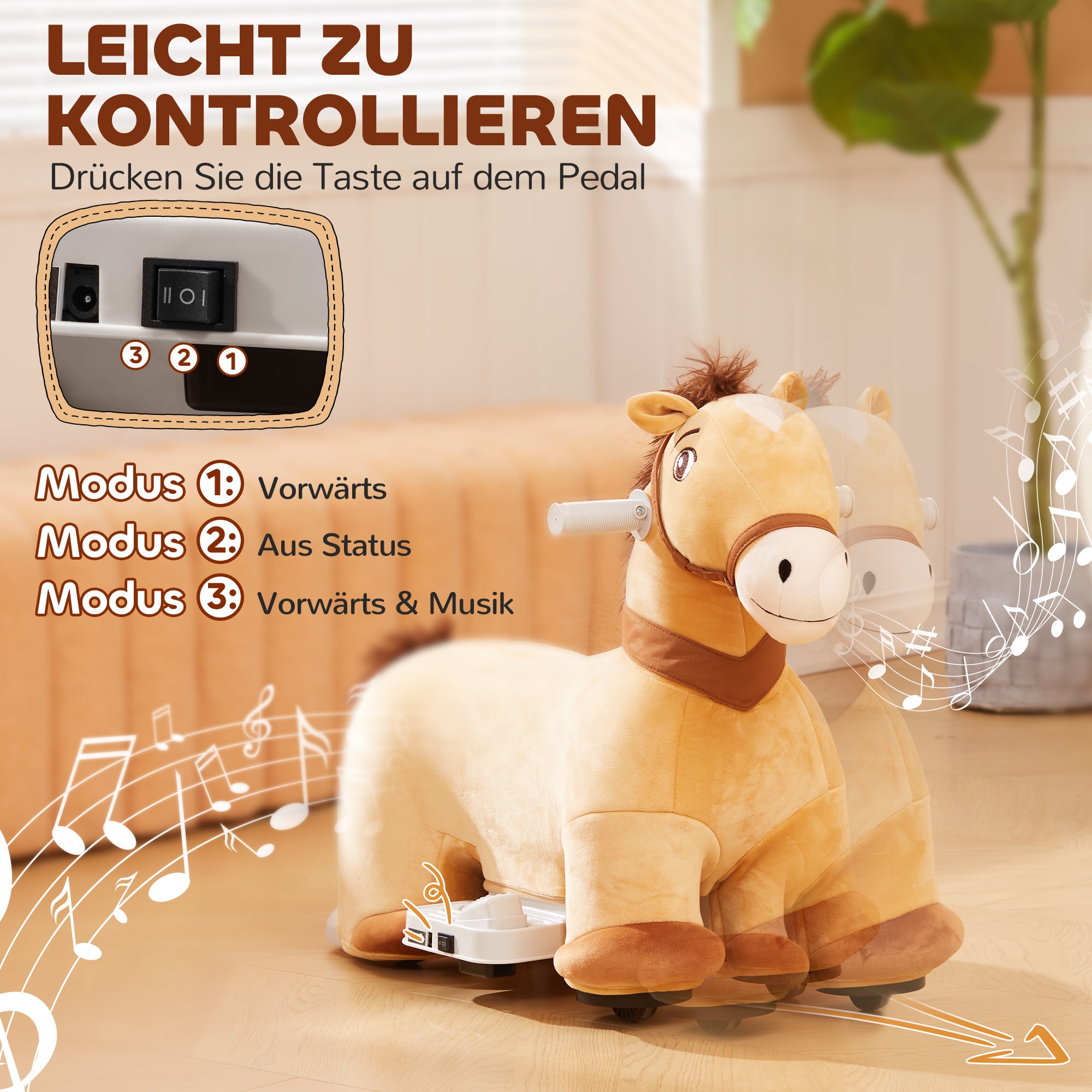 AIYAPLAY 6V Elektrisches Reitpferd für Kinder, Batteriebetrieb, Mit Musikfunktion und Vorwärtsbewegung, 18-36 Monate, Braun