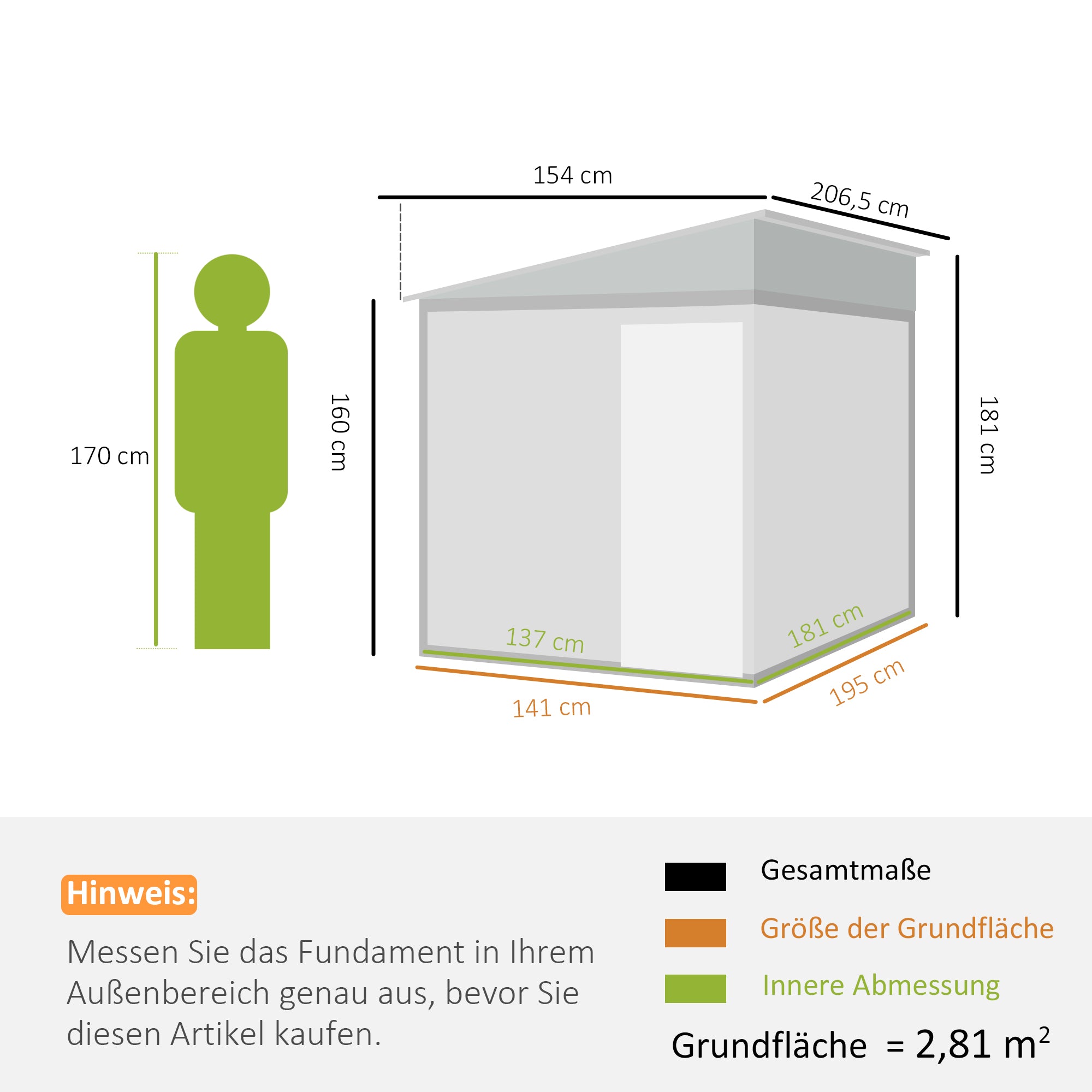 Outsunny Metall Gerätehaus 2,81m² 154x206,5x181 cm Geräteschuppen mit Pultdach Fundament