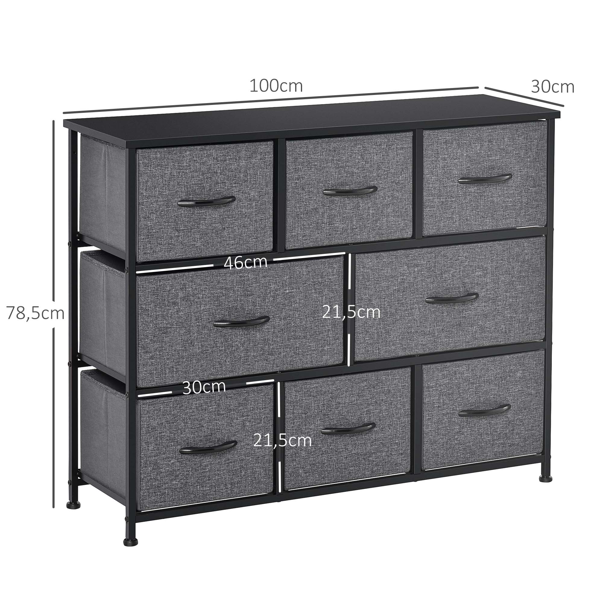 HOMCOM Kommode mit 8 Stoffschubladen, 2 große, 6 kleine, Metallrahmen, Kippschutz, Grau