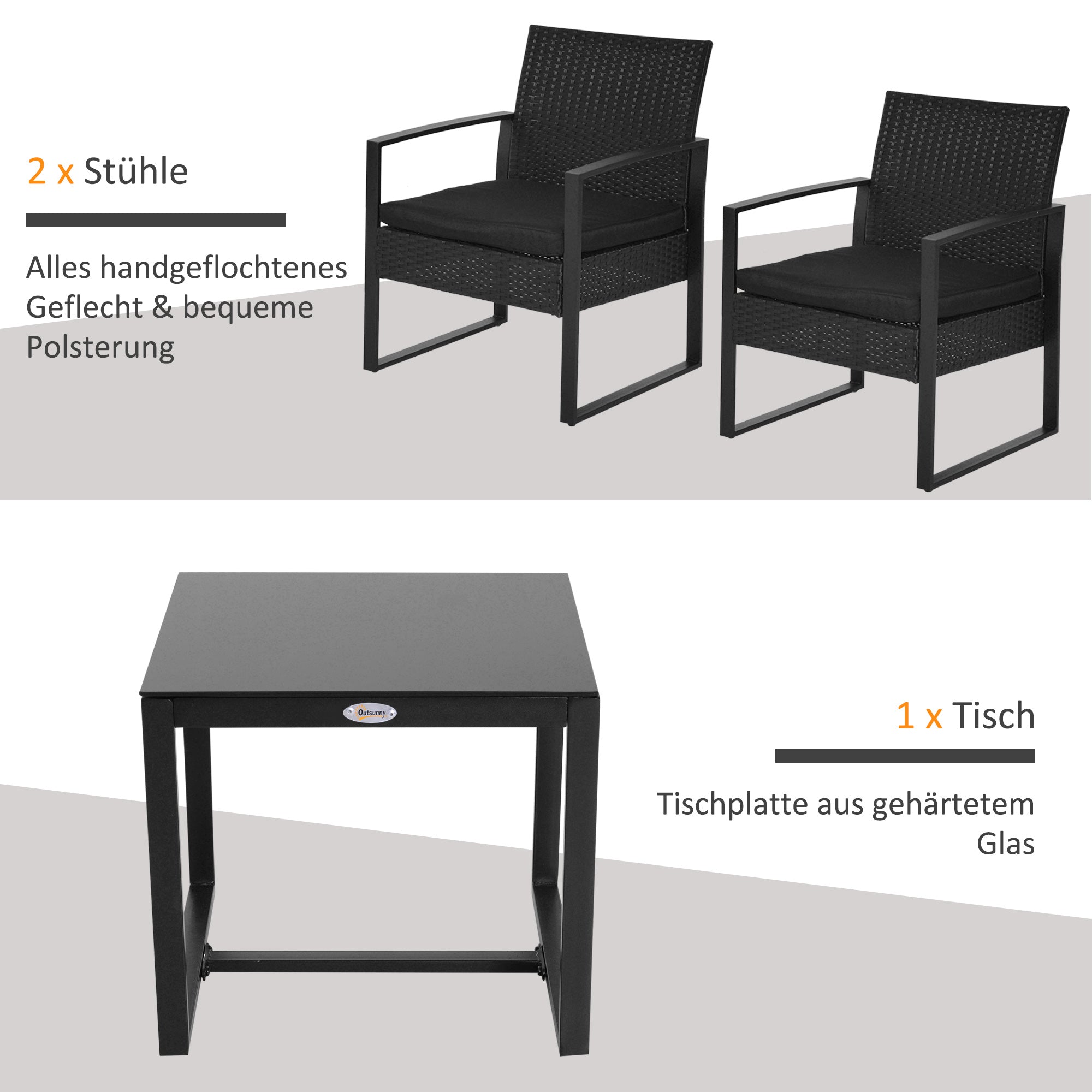 Outsunny Polyrattan Gartenset für 2 Personen Balkonmöbel Set mit Kissen Schwarz