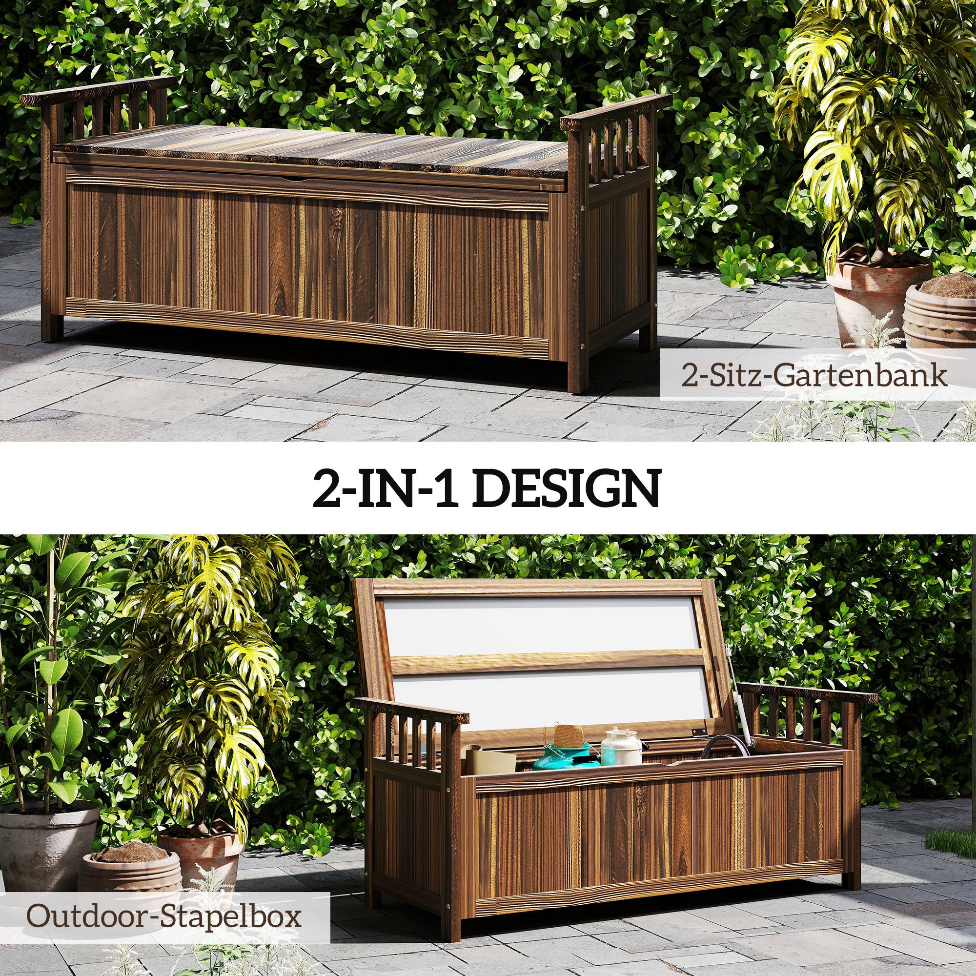 Outsunny 2-Sitzer Gartenbank Holz, wetterfest Sitzbank, Gartenmöbel mit Stauraum Armlehnen 128,5 x 56 x 53,5cm, Verkohlt