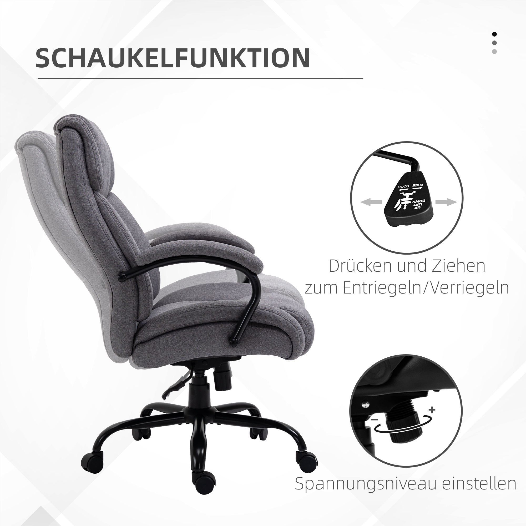 Vinsetto Bürostuhl, Ergonomischer Chefsessel, Gepolsterter Schreibtischstuhl mit Armlehne, Höhenverstellbarer Drehstuhl mit Wippfunktion, Leinenoptik, bis 220 kg belastbar, Hellgrau