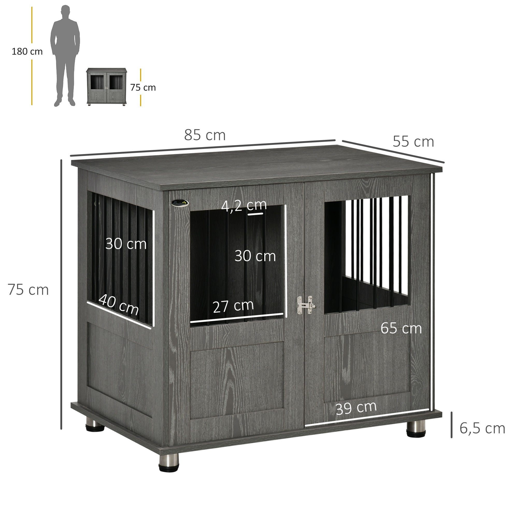 PawHut Hundebox, Haustierbox, Hundehütte mit Schloss, Magnettür, Hundehaus mit Fenster, für große Hunde, 85 x 55 x 75 cm, Grau