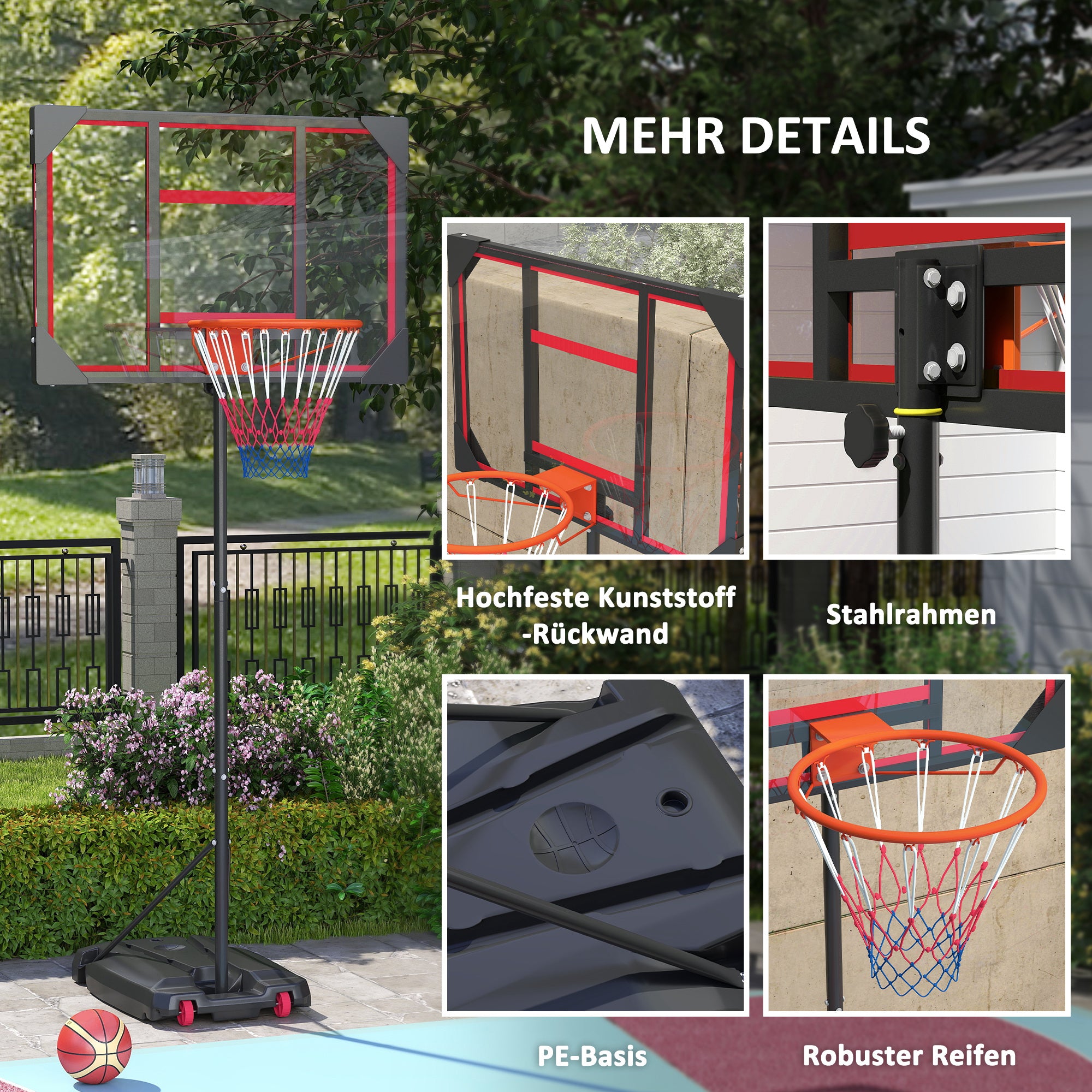 AIYAPLAY Kinder-Basketballkorb, Outdoor-Basketballkorb für Kinder, 210-260 cm höhenverstellbar, mit Rädern, ab 6 Jahren, Rot