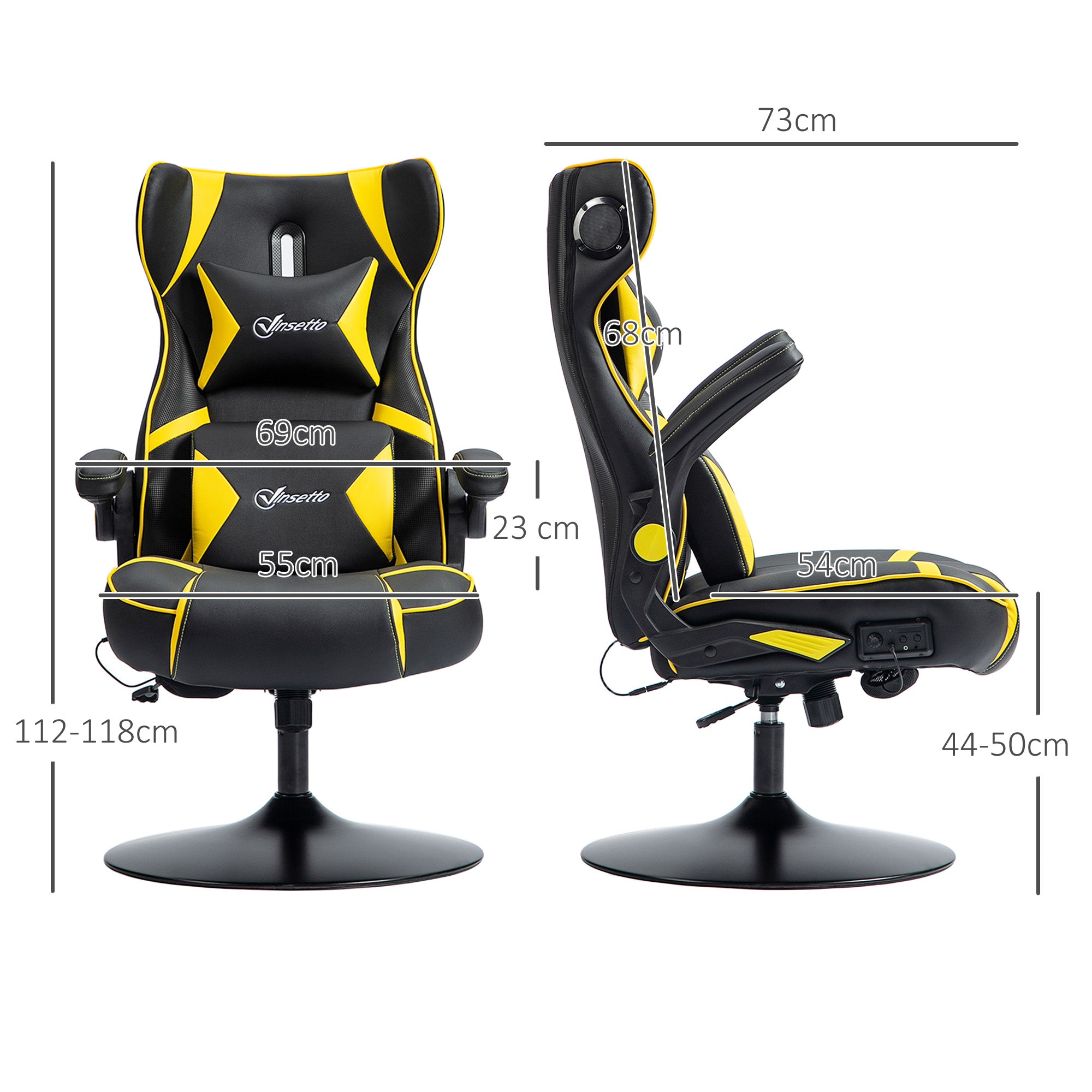 Vinsetto Gaming Stuhl mit Schaukelfunktion und Lautsprecher, Lenden- und Nackenstütze, für Spielzimmer, Kunstleder, Gelb+Schwarz