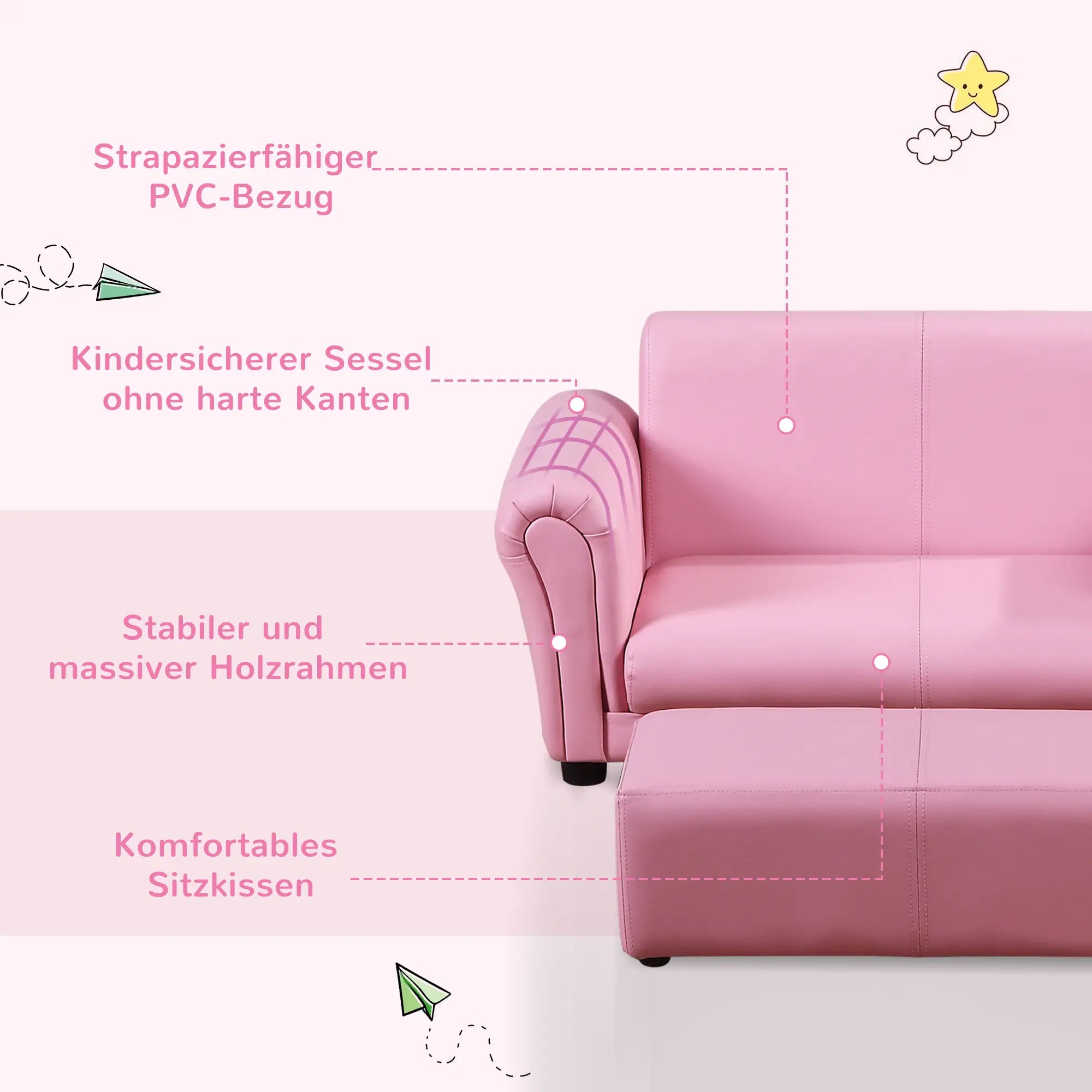HOMCOM Kindersessel mit Hocker 2-teiliges Set Rosa