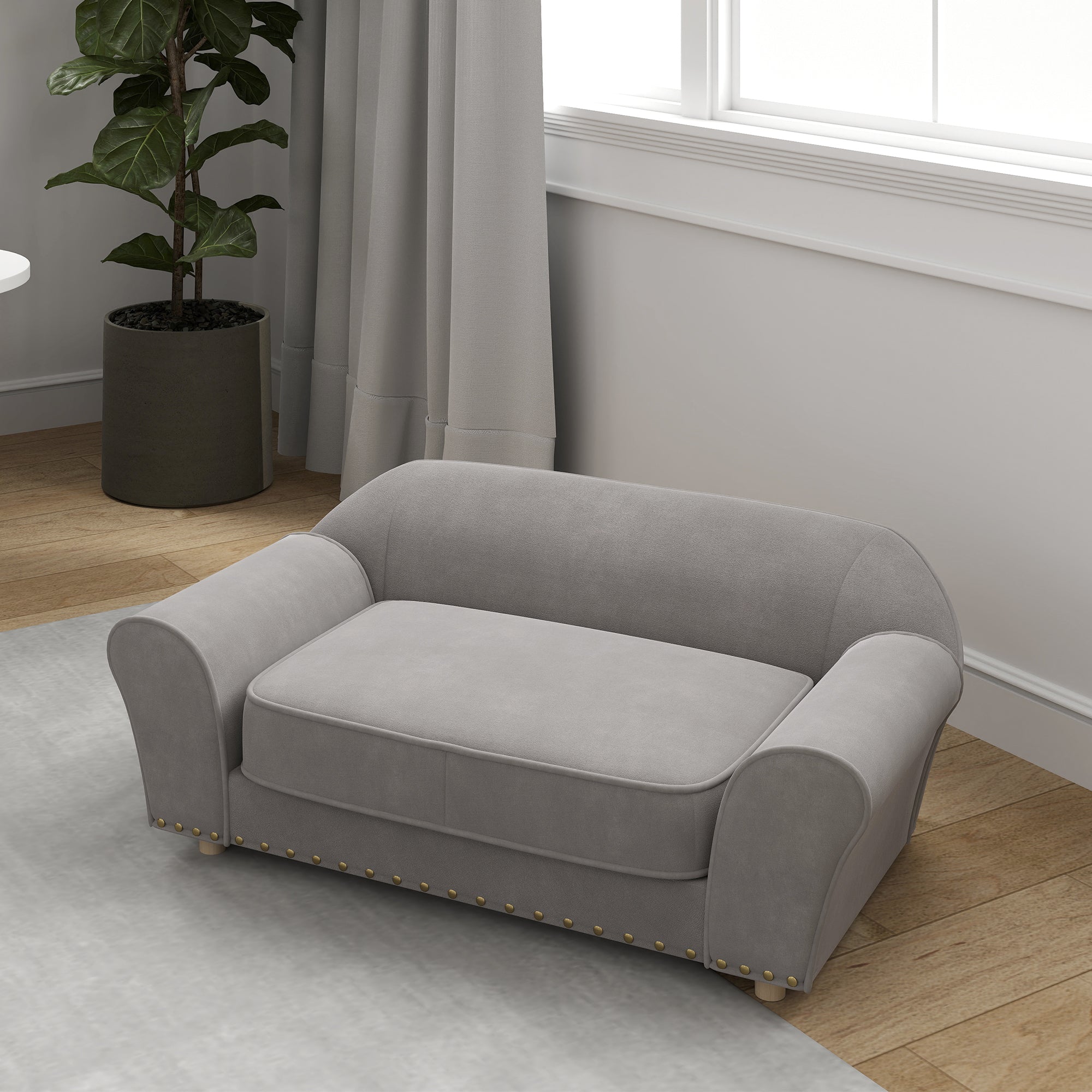 PawHut Hundesofa, Hundebett mit Nieten, dickes Kissen, abnehmbarer Bezug, rutschfeste Füße, 86,5x52,5x33 cm, Grau