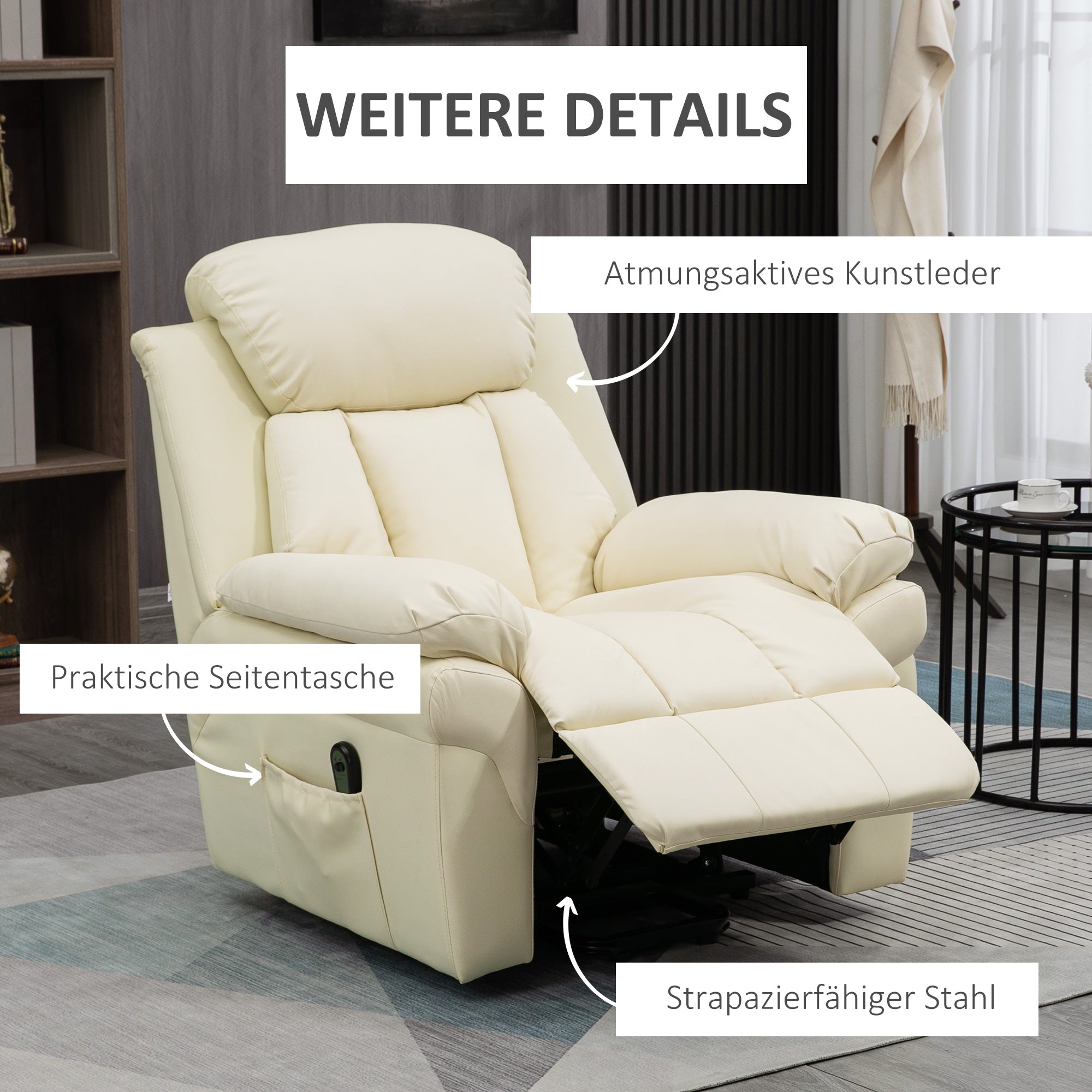 HOMCOM Relaxsessel mit Aufstehhilfe, inkl. Fußstütze und Kopfstütze, 1 Fernbedienung, Cremeweiß