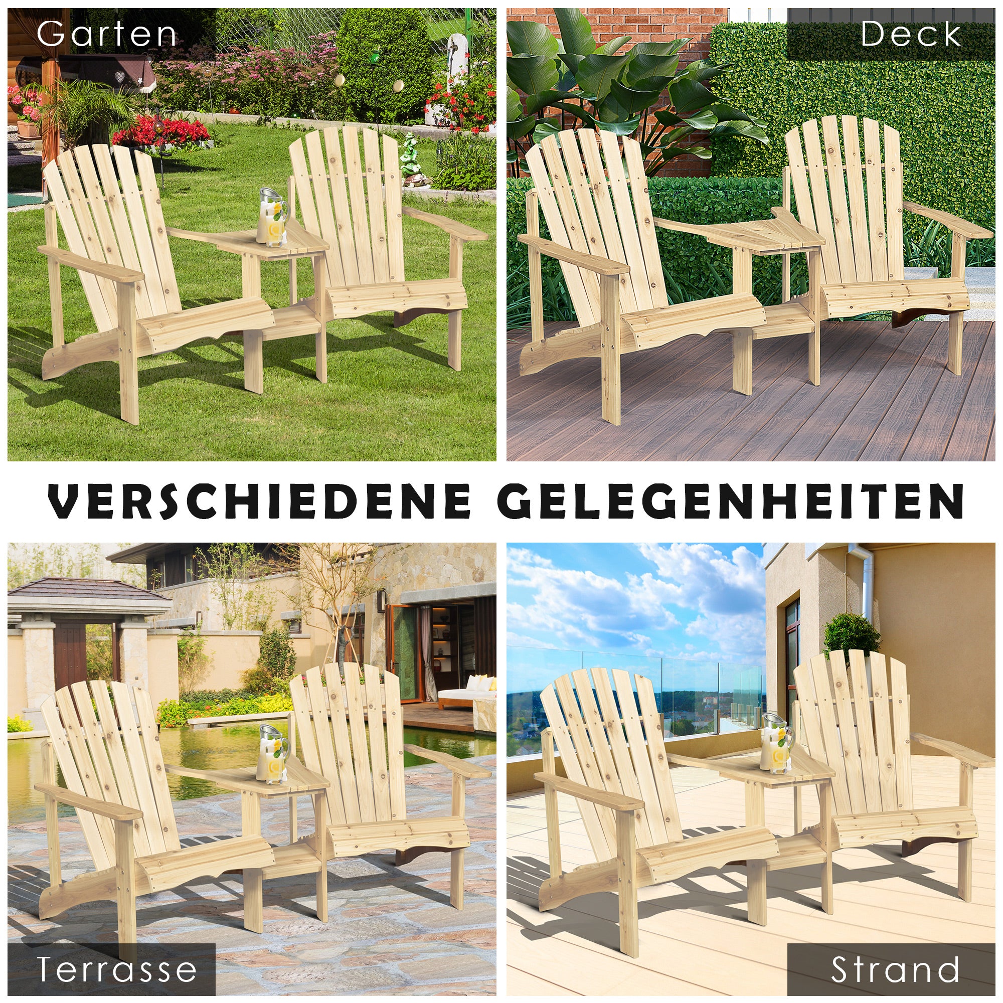 Outsunny Adirondack Gartenstuhl mit Tisch und Schirmloch 2 Sitzer Gartensessel Sitzgruppe Gartenmöbel für Balkon Massivholz Natur 178 x 87 x 92 cm