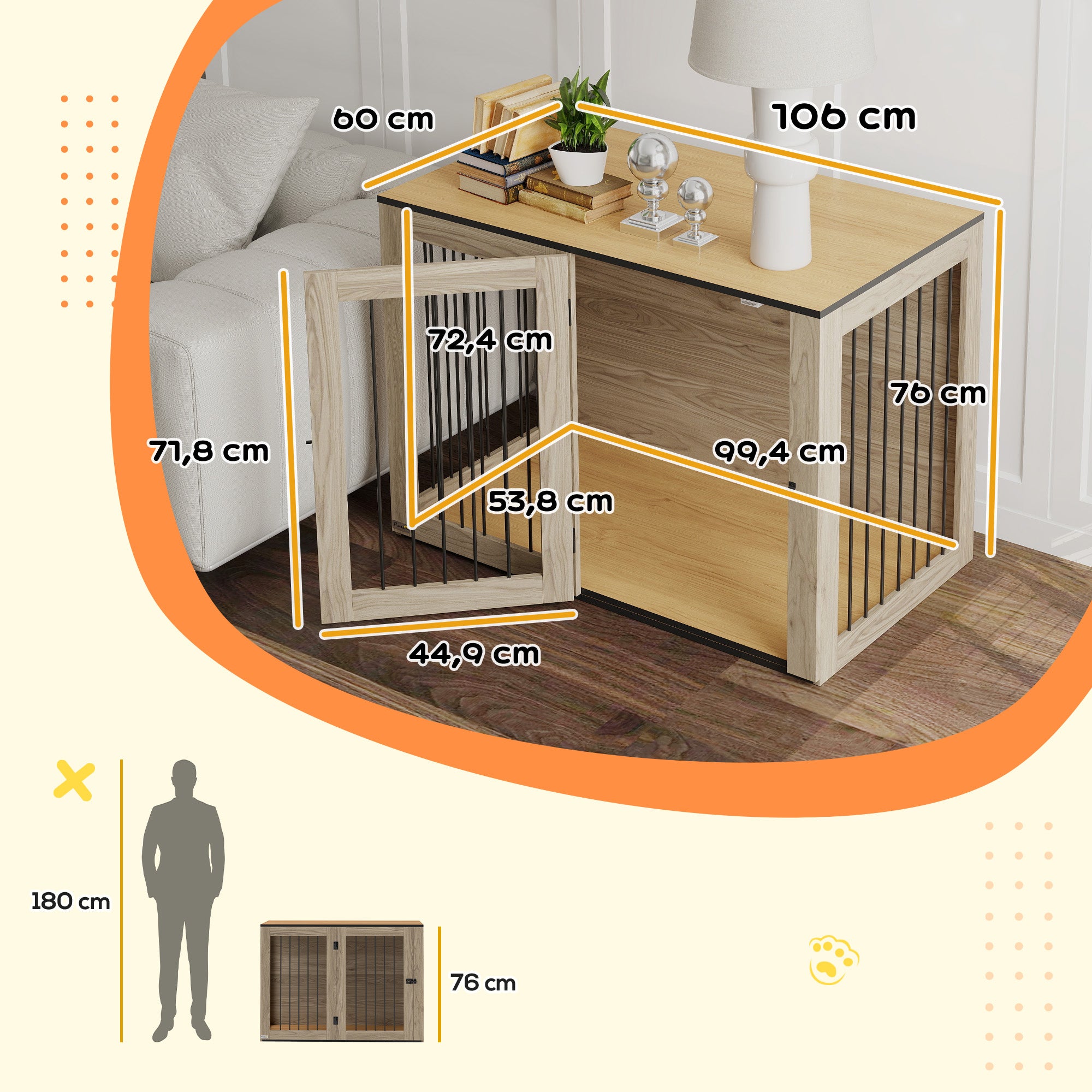 PawHut Hundebox, Haustierbox für große Hunde, Hundehütte, Indoor, 106 x 60 x 76 cm, Eiche