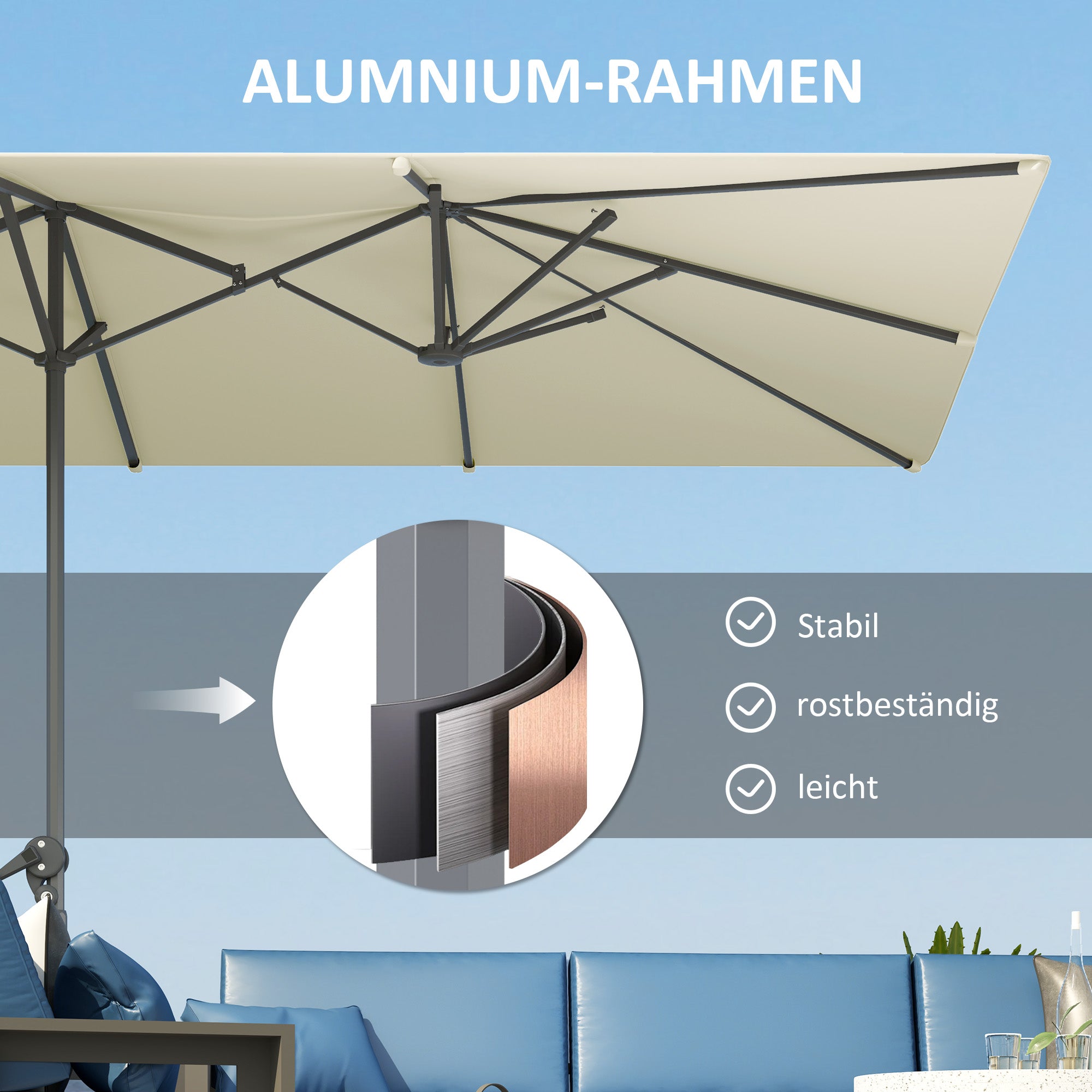 Outsunny Doppelseitiger Schirm, 451 x 264 cm Sonnenschirm mit Kurbelsystem, 12 Metallstreben, Aluminiummast, Cremeweiß