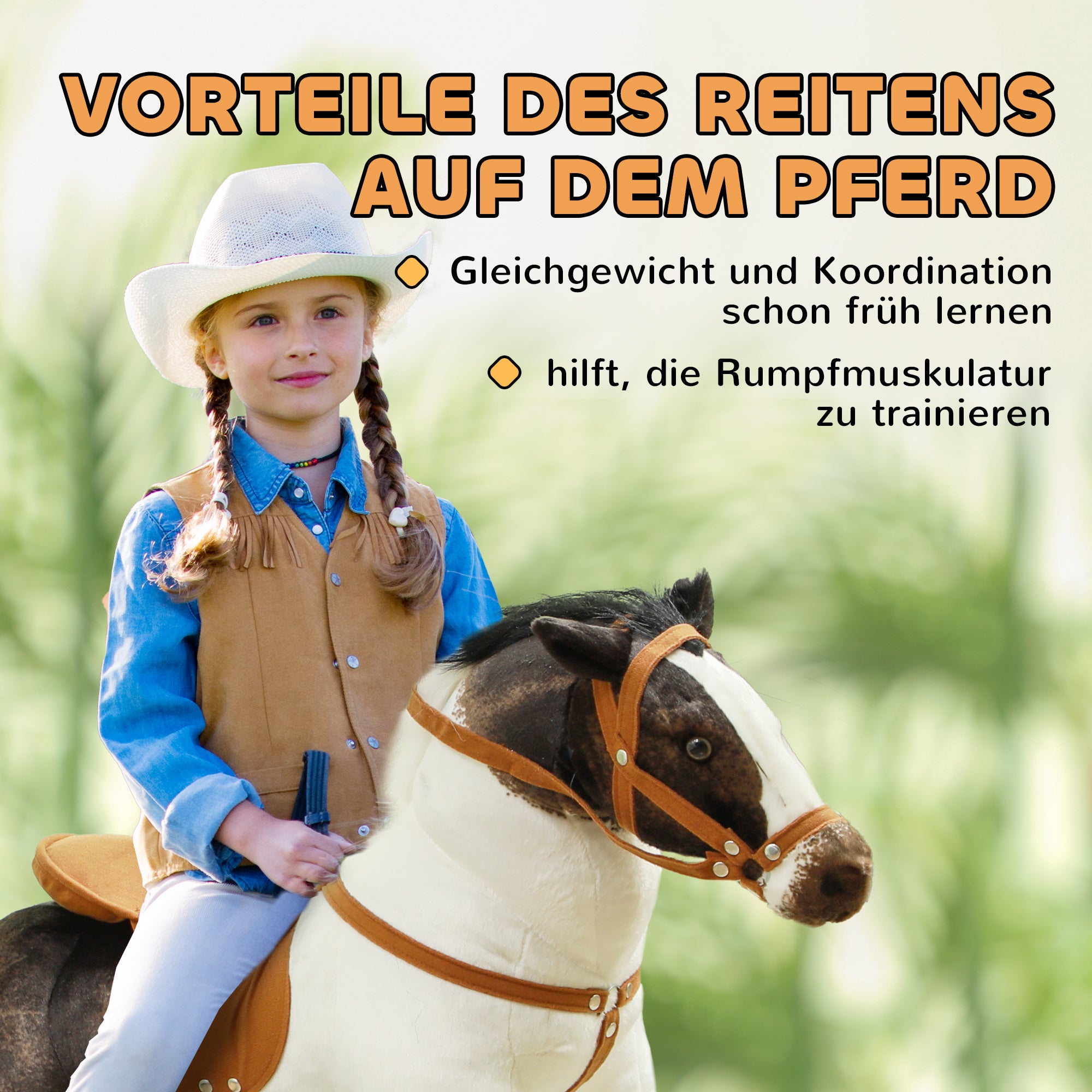 AIYAPLAY Schaukelpferd mit Soundeffekten, weiches Fell, für 3-8 Jahre, 85 x 28 x 60 cm, Braun/Cremeweiß