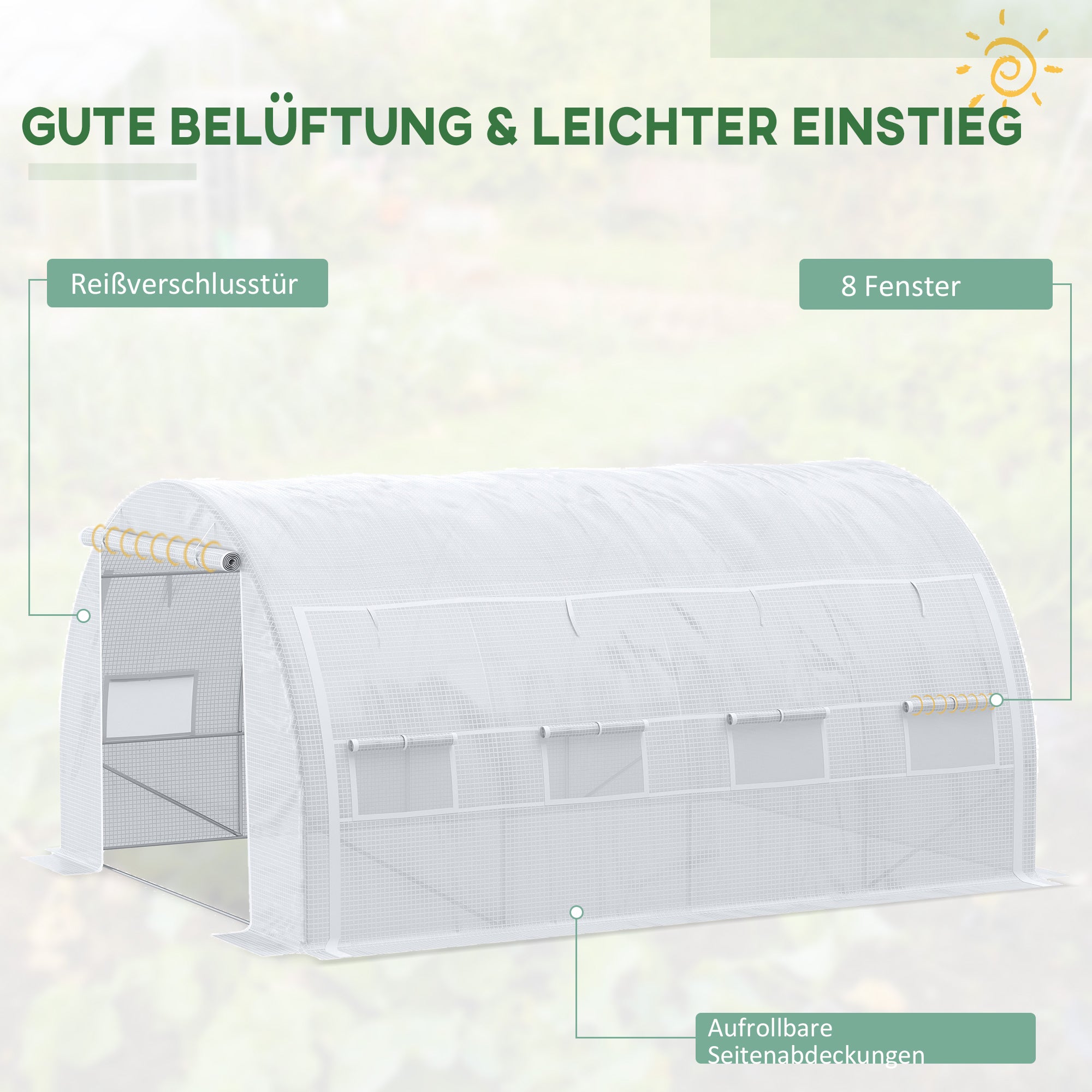 Outsunny Tunnel-Gewächshaus, begehbar, aufrollbare Wände, Tür mit Reißverschluss, verzinkter Stahlrahmen, 4 x 3 x 2 m, Weiß