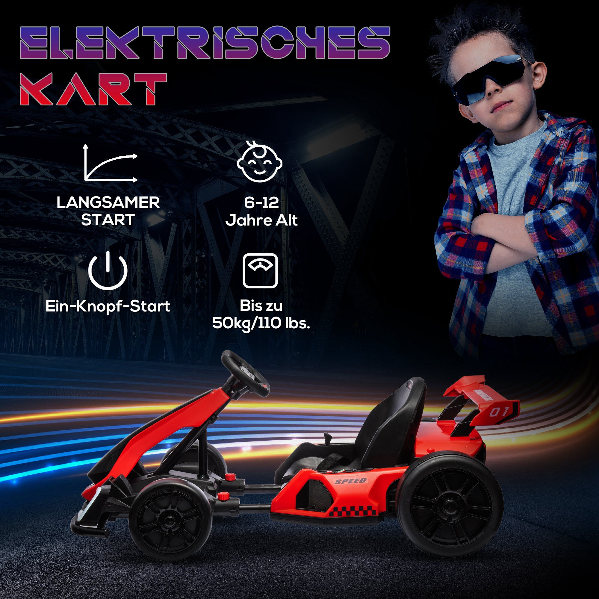 HOMCOM Go-Kart für Kinder, Elektro-Kart mit Hupe und Musikfunktion, verstellbarer Sitz, bis 12 km/h, Kunststoff, Metall, Rot