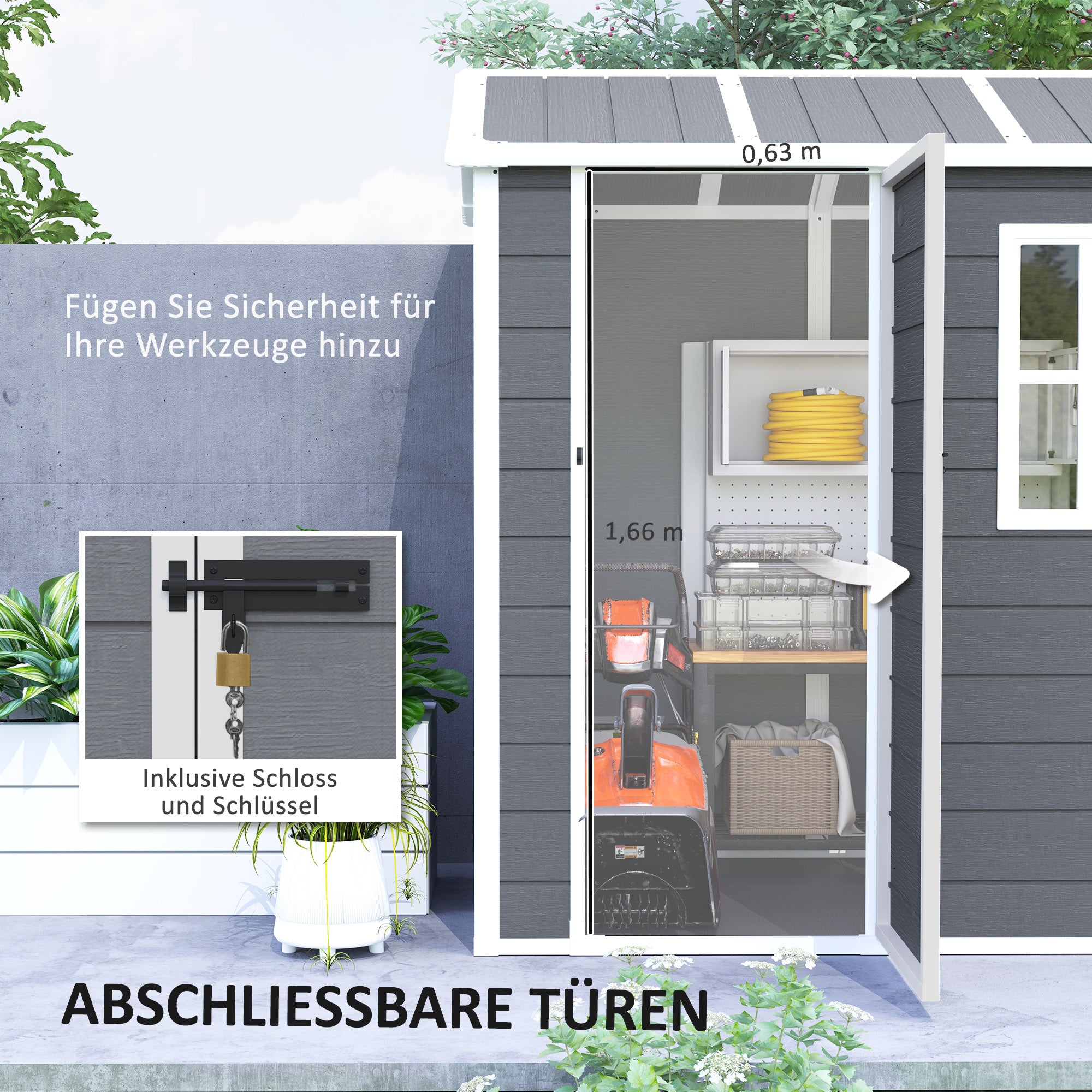 Outsunny Gartenhaus, Gartenschuppen mit Boden, Fenster, verschließbarer Tür, Kunststoff-Harz, wetterfest, Grau