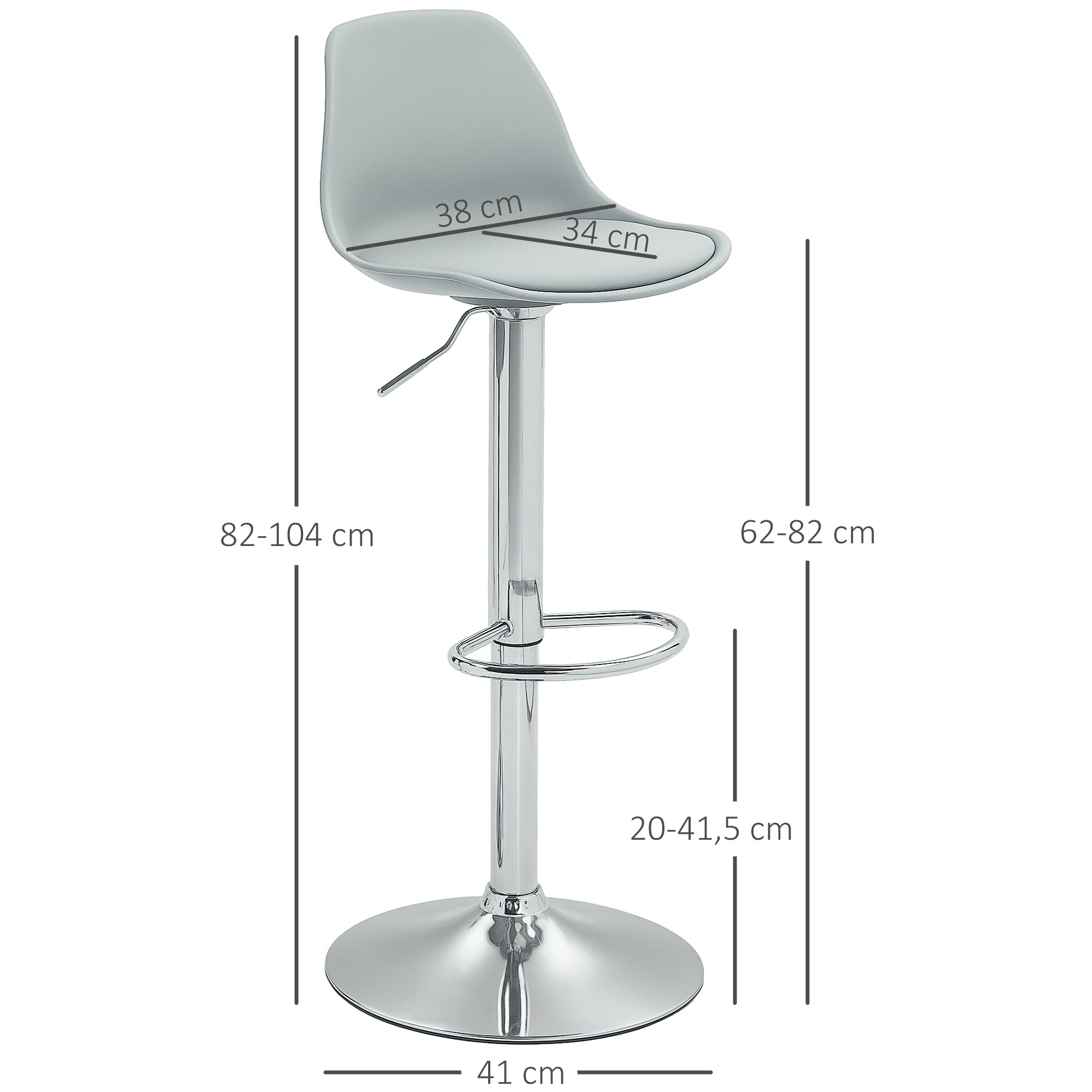 HOMCOM 2er-Set Barhocker, Barstühle, Drehstühle mit Lehne, höhenverstellbar, bis 120 kg belastbar, 42 x 38 x 82-104 cm, Grau