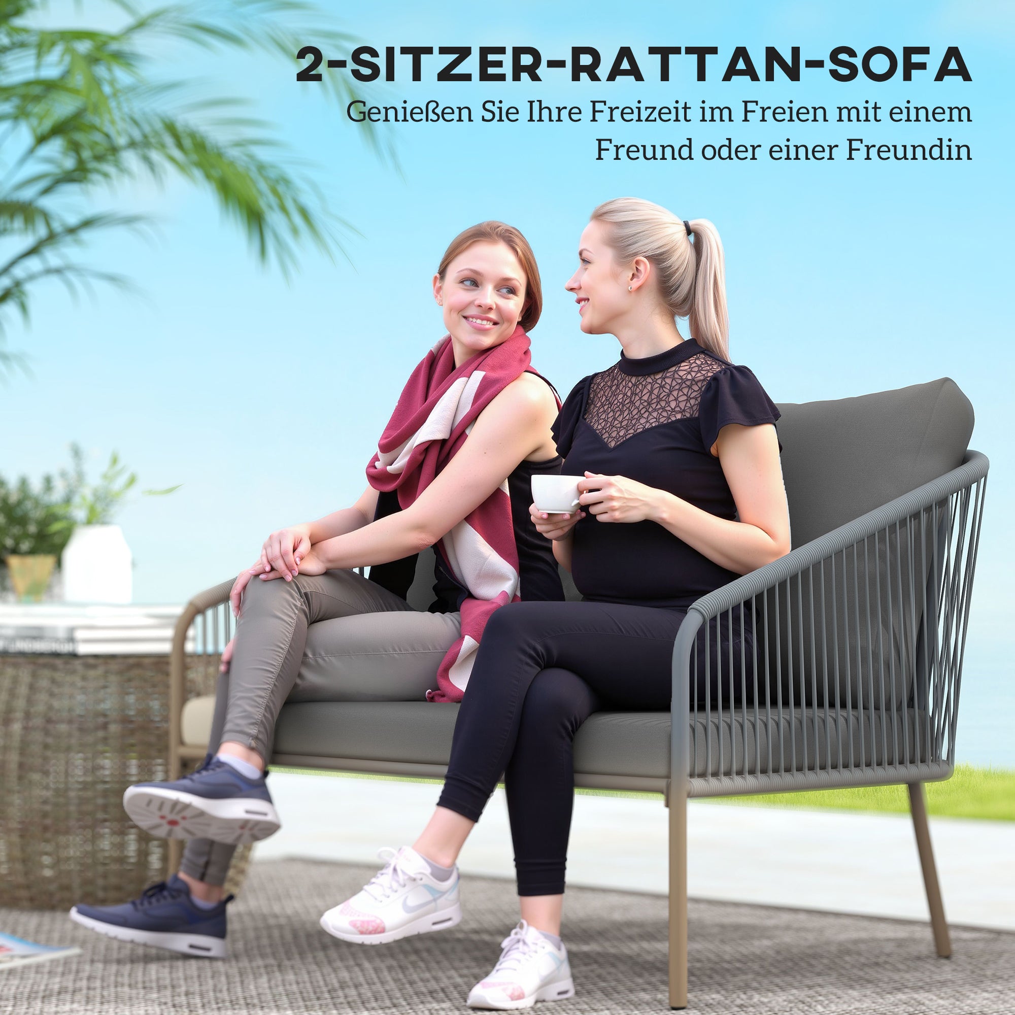 Outsunny Gartensofa mit Kissen 2-Sitzer Rattan Sofa Lounge Sofa Outdoor Balkon Sofa 112 x 72 x 76 cm Grau