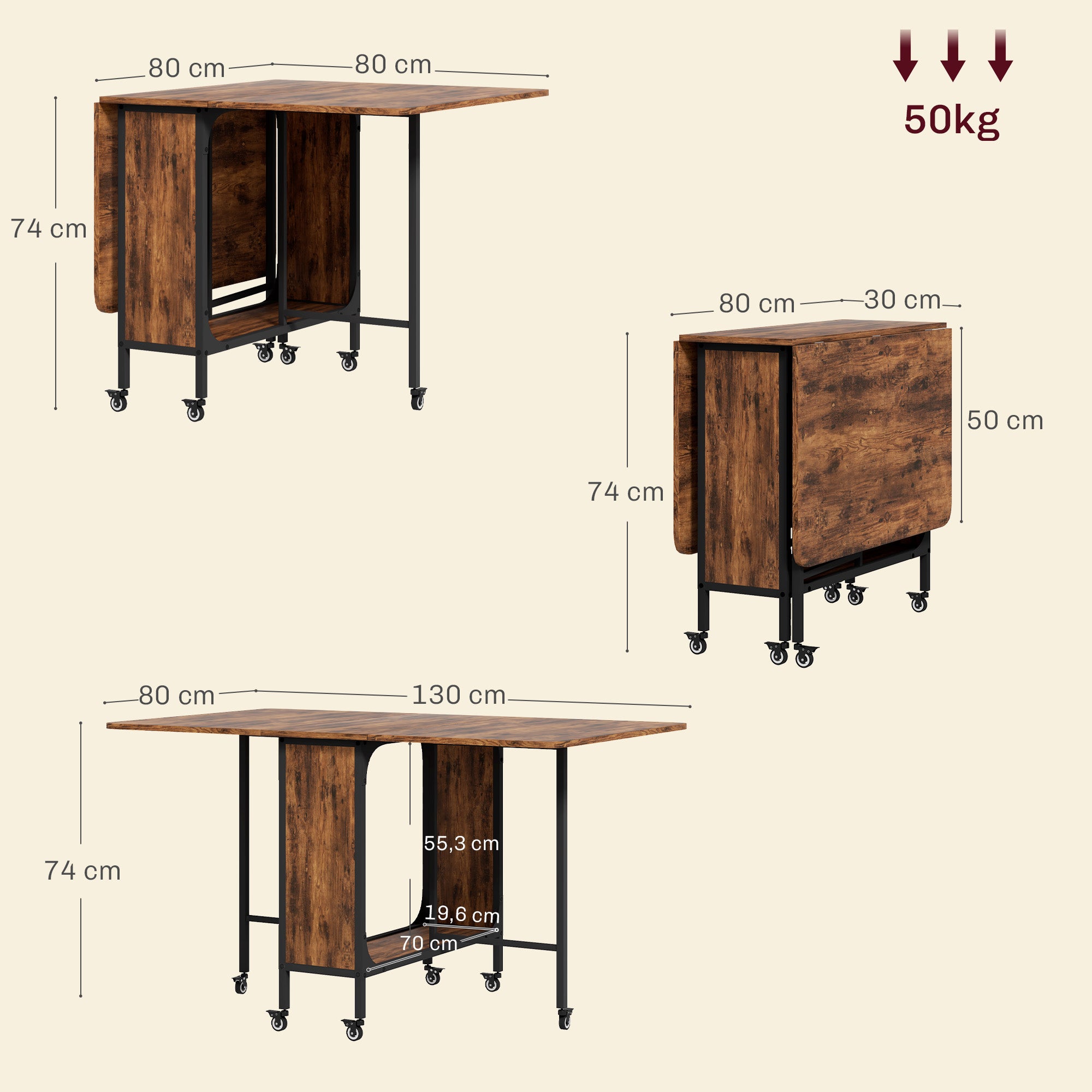HOMCOM Klappbarer Esstisch, Mobiler Klapptisch für 6 Personen, mit Ablage, bis 50 kg belastbar, 130 x 80 x 74 cm, Rotbraun