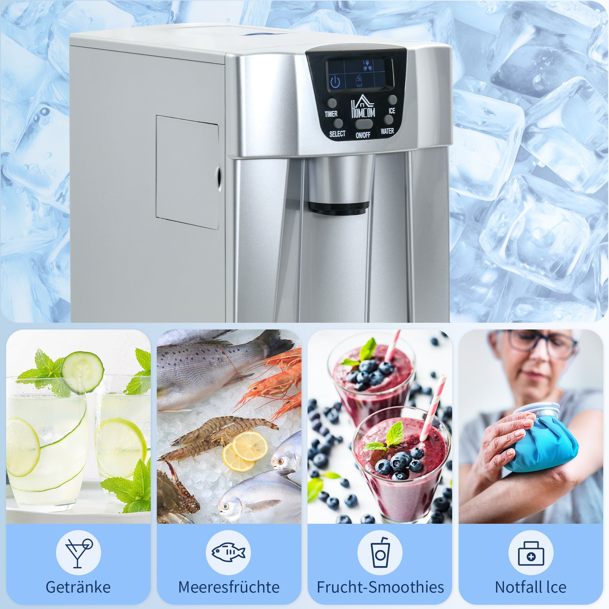 HOMCOM Eiswürfelmaschine Eiswürfelbereiter Ice-Maker, Timer-Funktion, 1,2 L Wassertank,  Silber