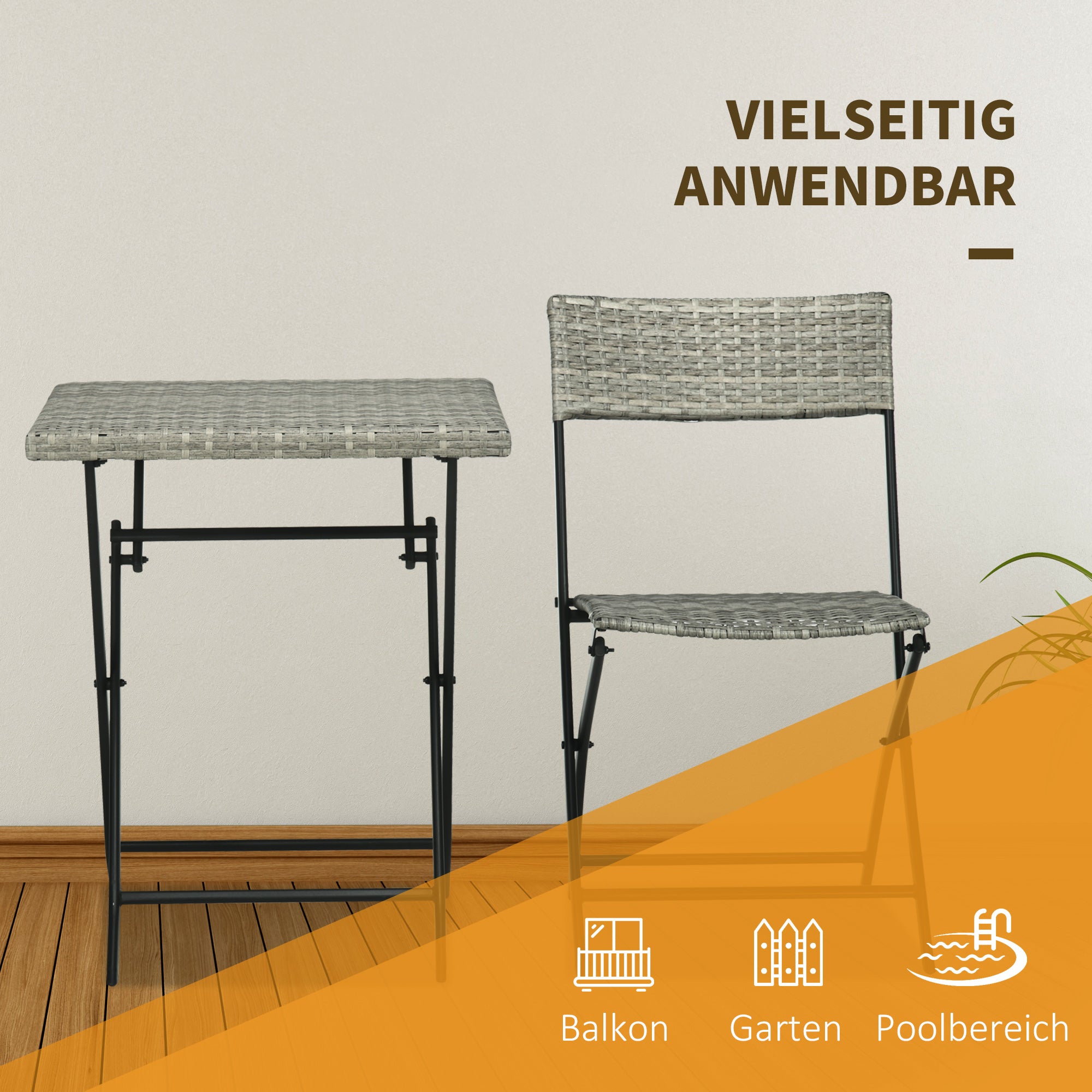 Outsunny 3-tlg. Gartensitzgruppe, 2 Klappstühle, 1 Klapptisch, Rattanoptik, Metallrahmen, hellgrau