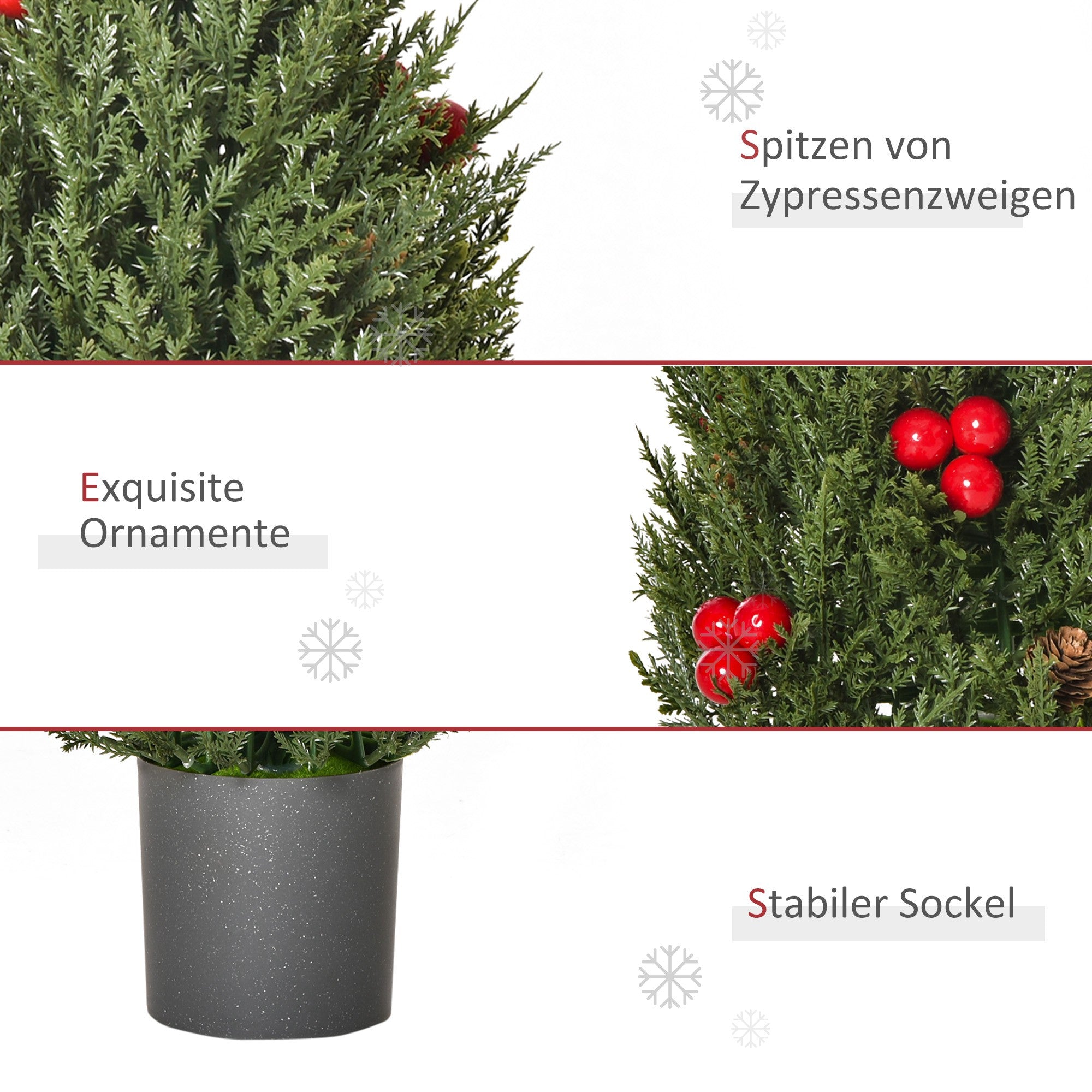 HOMCOM Mini-Weihnachtsbaum mit roten Beeren und Tannenzapfen, inkl. Übertopf 27 cm x 27 cm x 47 cm, Mehrfarbig