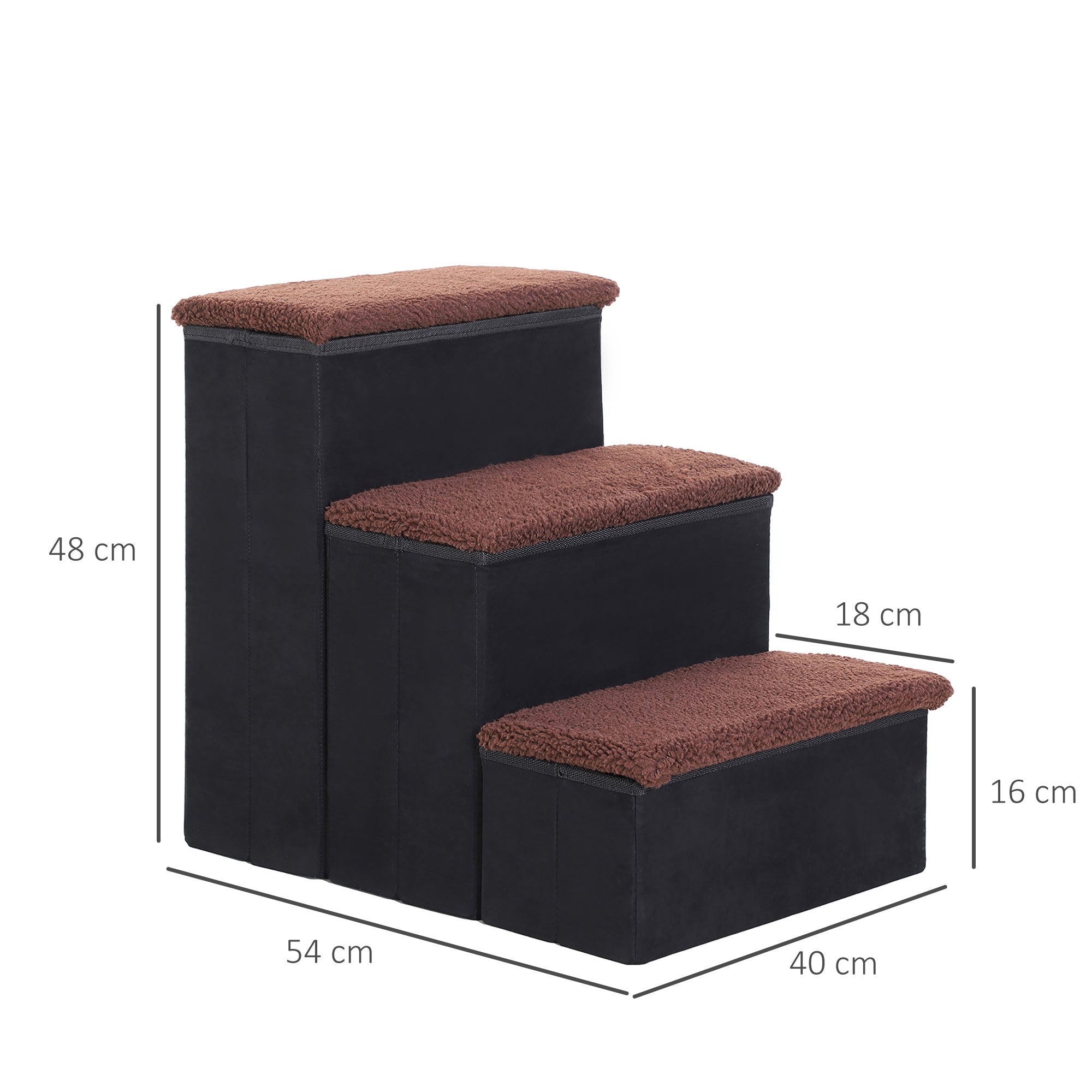 PawHut Haustiertreppe Katzentreppe Hundetreppe Faltbar 3 Stufen Tiertreppe mit Stauraum für Katzen und Hunde MDF Schwarz 40 x 54 x 48 cm