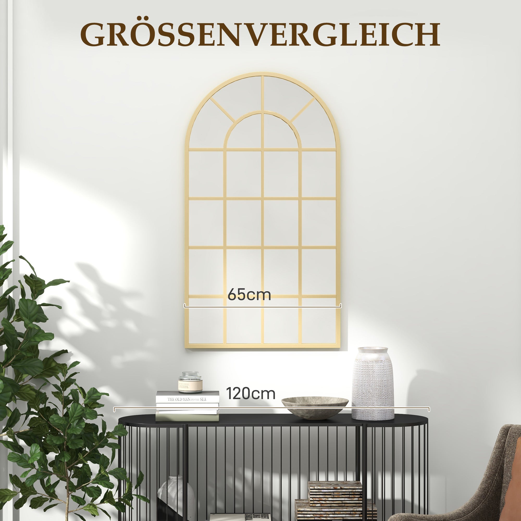 HOMCOM Wandspiegel, Fenster-Design, Flurspiegel, Metallrahmen, 110 x 65 cm, Gold