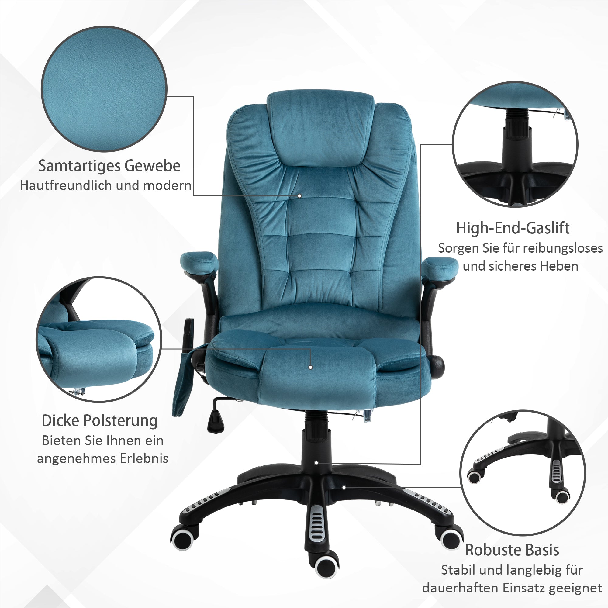 Vinsetto Bürostuhl Massagesessel mit Wärmefunktion Chefsessel mit Massagefunktion höhenverstellbarer ergonomischer Gamingstuhl massage Blau 68 x 72 x 110–120 cm