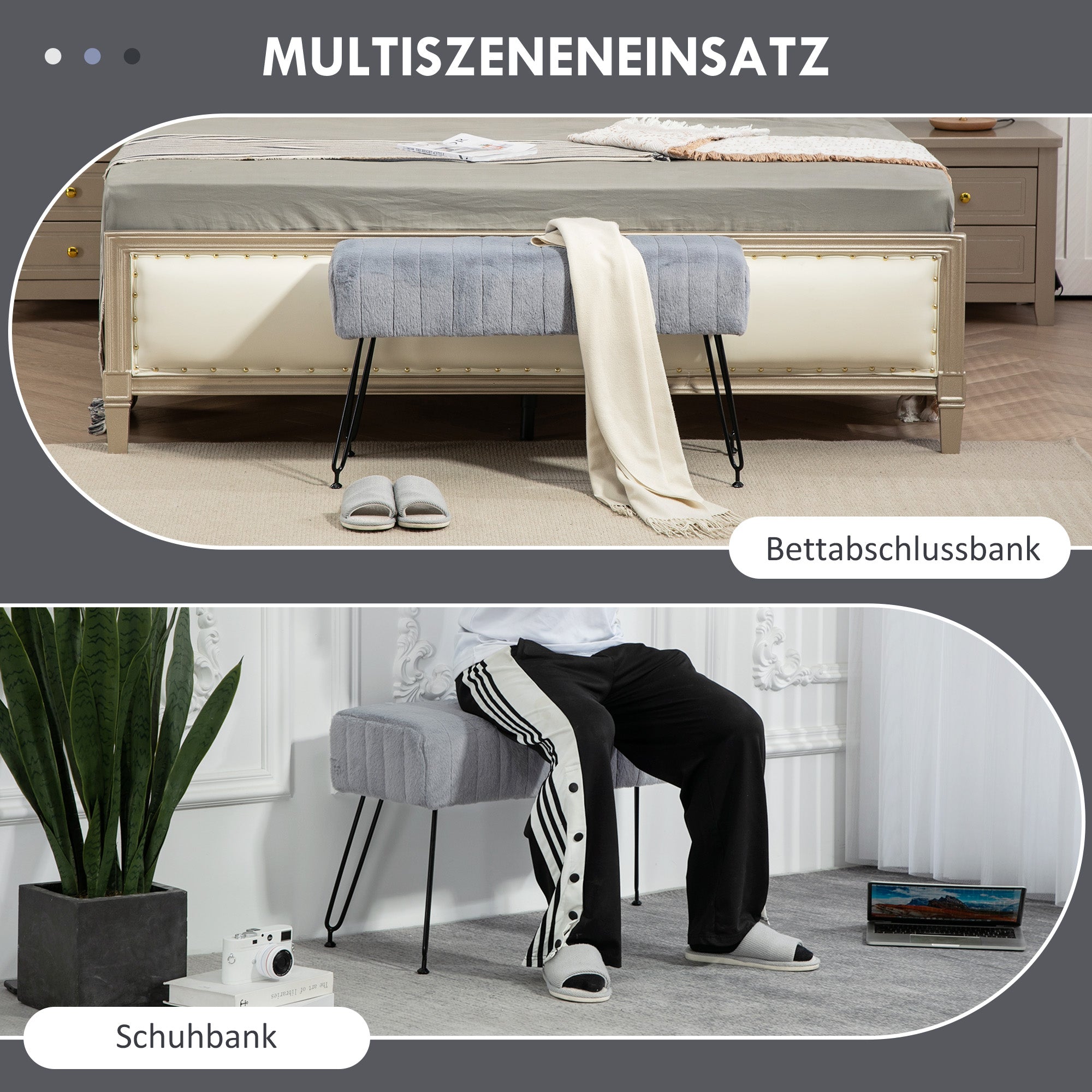 HOMCOM Sitzbank, gesteppter Sitz, Kunstfellbezug, Metallbeine, bis 120 kg, 82x30x47 cm, Grau/Schwarz