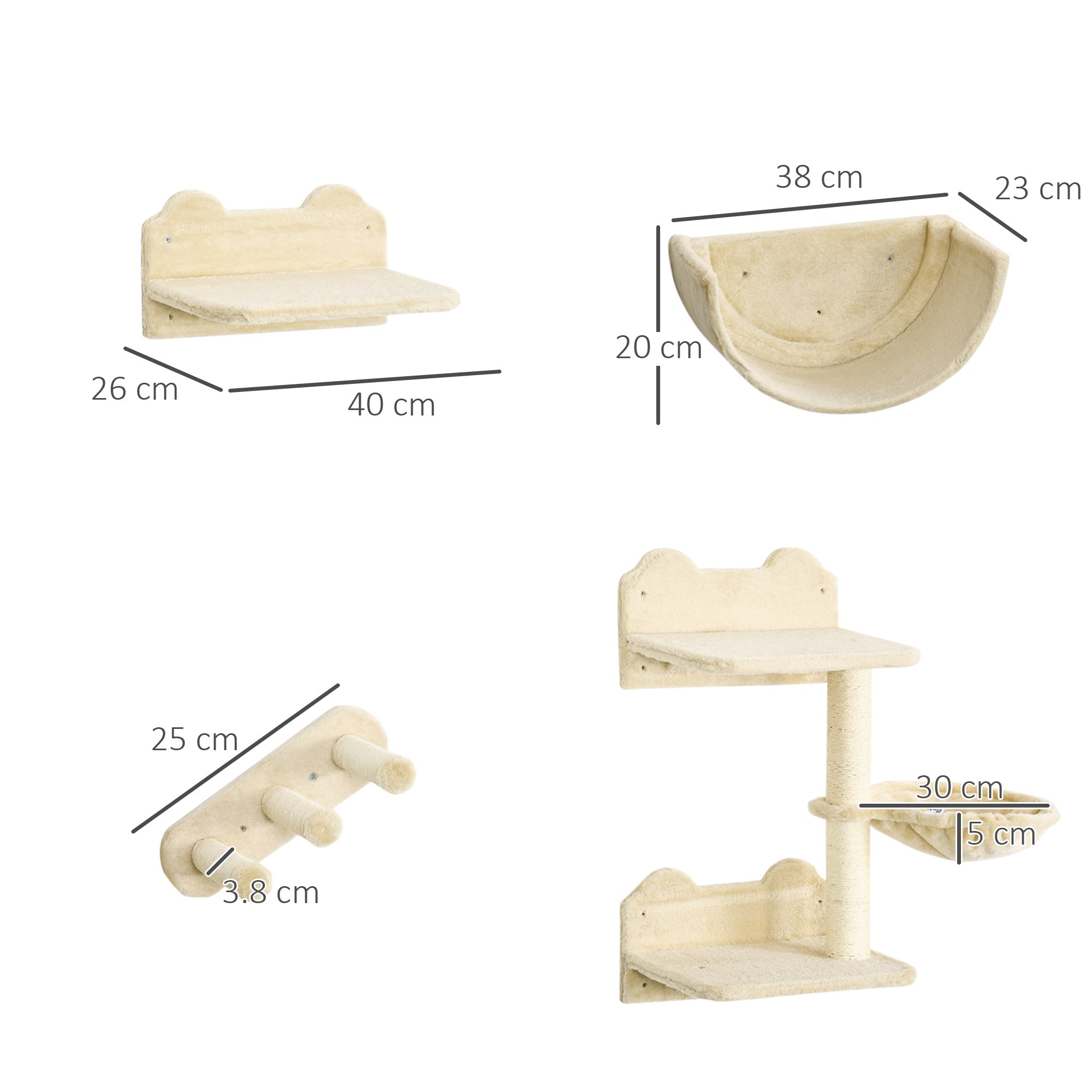PawHut Kletterwand-Set für Katzen, 4-teilig, mit Katzentreppe, Hängematte, Plattform und Kratzbaum, Beige