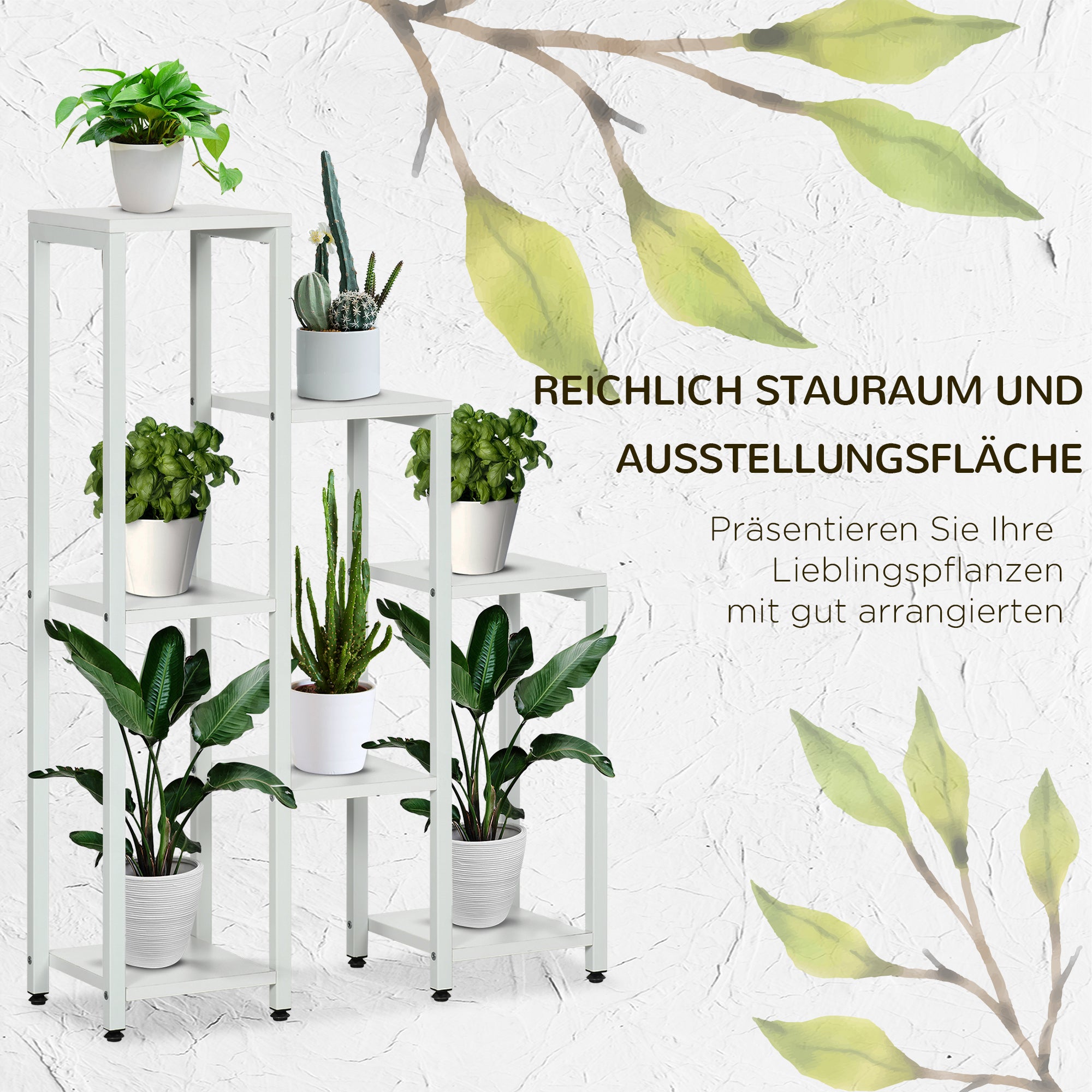 Outsunny Blumenständer, Pflanzenständer, 7 Ebenen, für Innen- und Außenbereiche, Stahl, weiß, 65 x 23 x 94,5cm