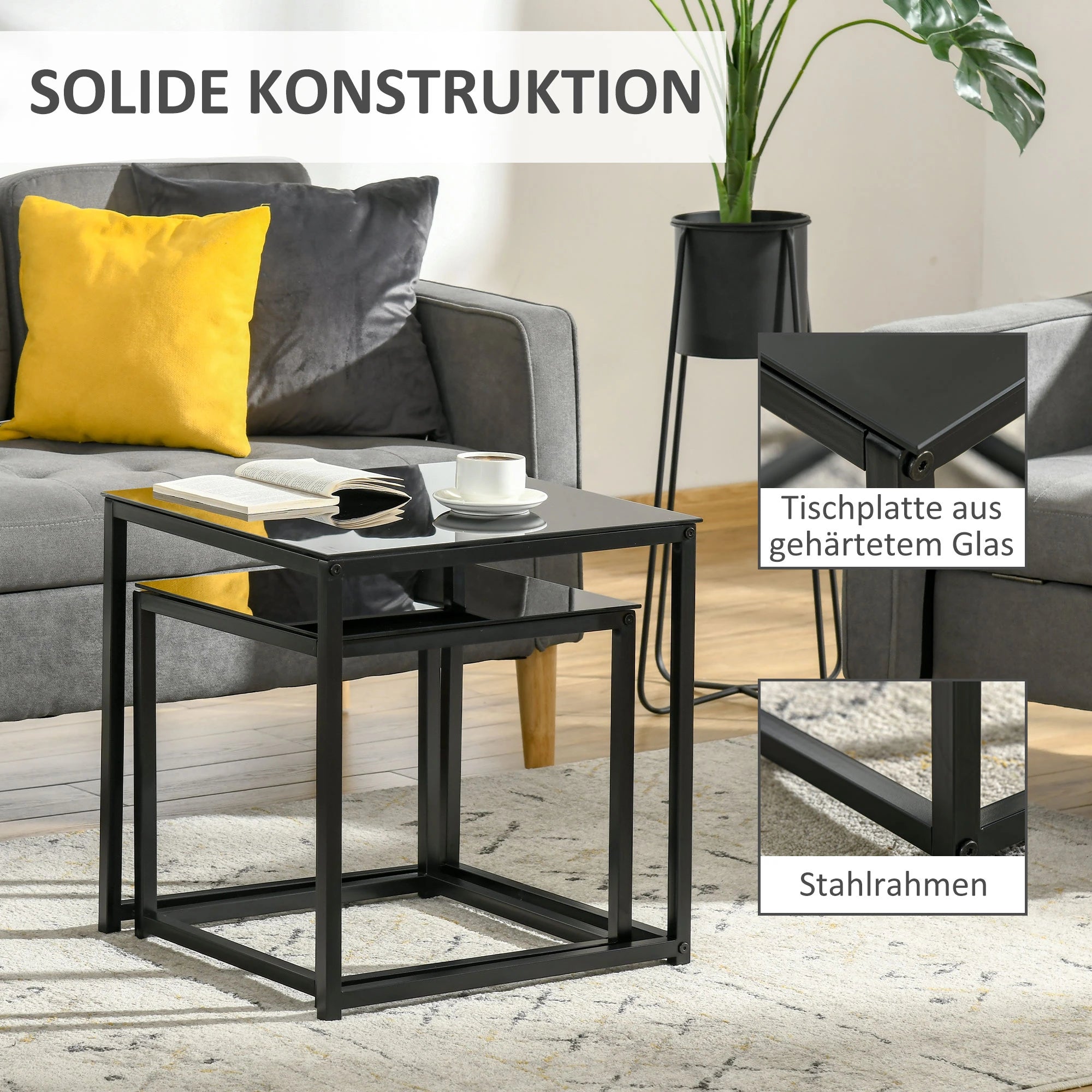 HOMCOM 2er-Set Beistelltische mit Glastischplatte, quadratisch, Schwarz