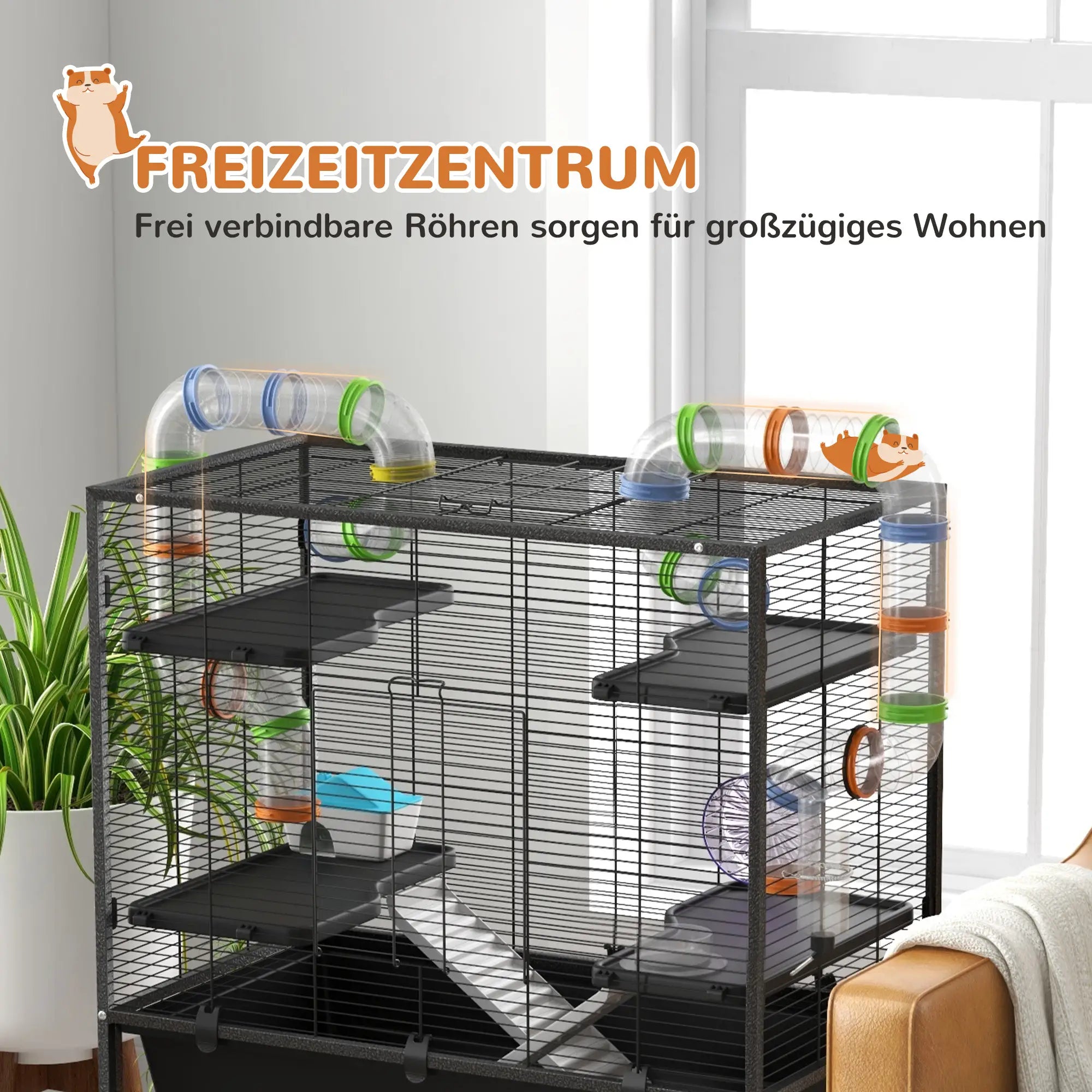 PawHut Hamsterkäfig Nagerkäfig mit Röhren Laufrad Rollen Ablage