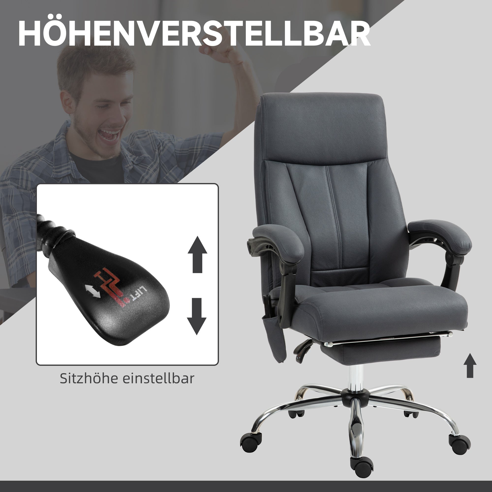 Vinsetto Bürostuhl mit Massagefunktion & Heizfunktion, Fußstütze, bis 120 kg, Dunkelgrau