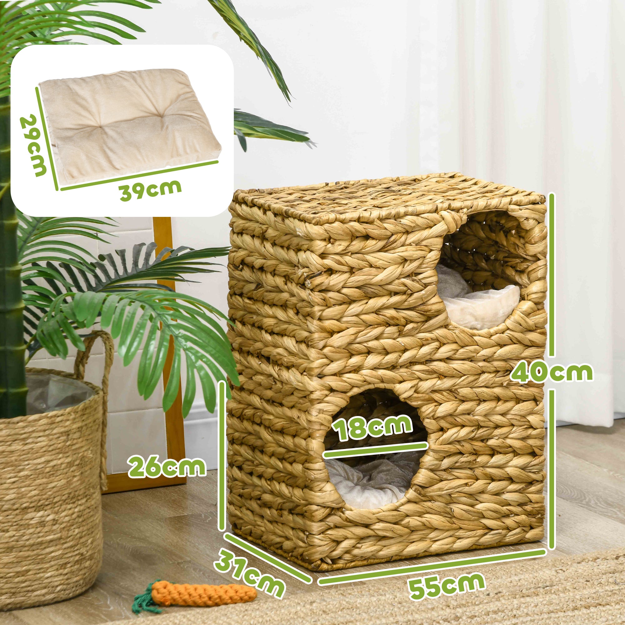 PawHut 2-stöckiges Katzenhaus mit 2 Schlafhöhlen, waschbare Kissen, Wasserhyazinthe, 40x31x55 cm, Hellbraun