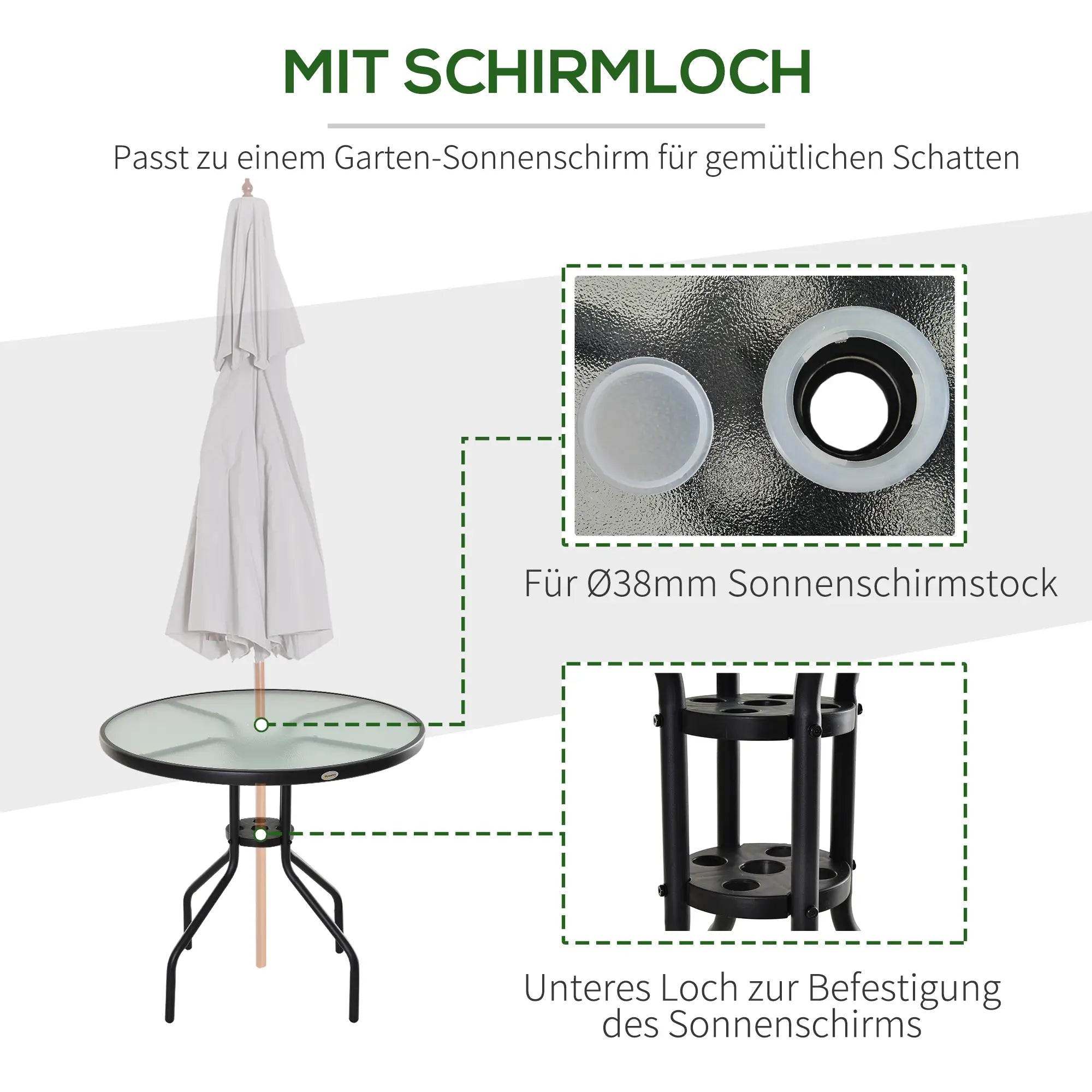 Outsunny Gartentisch Balkontisch mit Schirmhalterung Hartglas