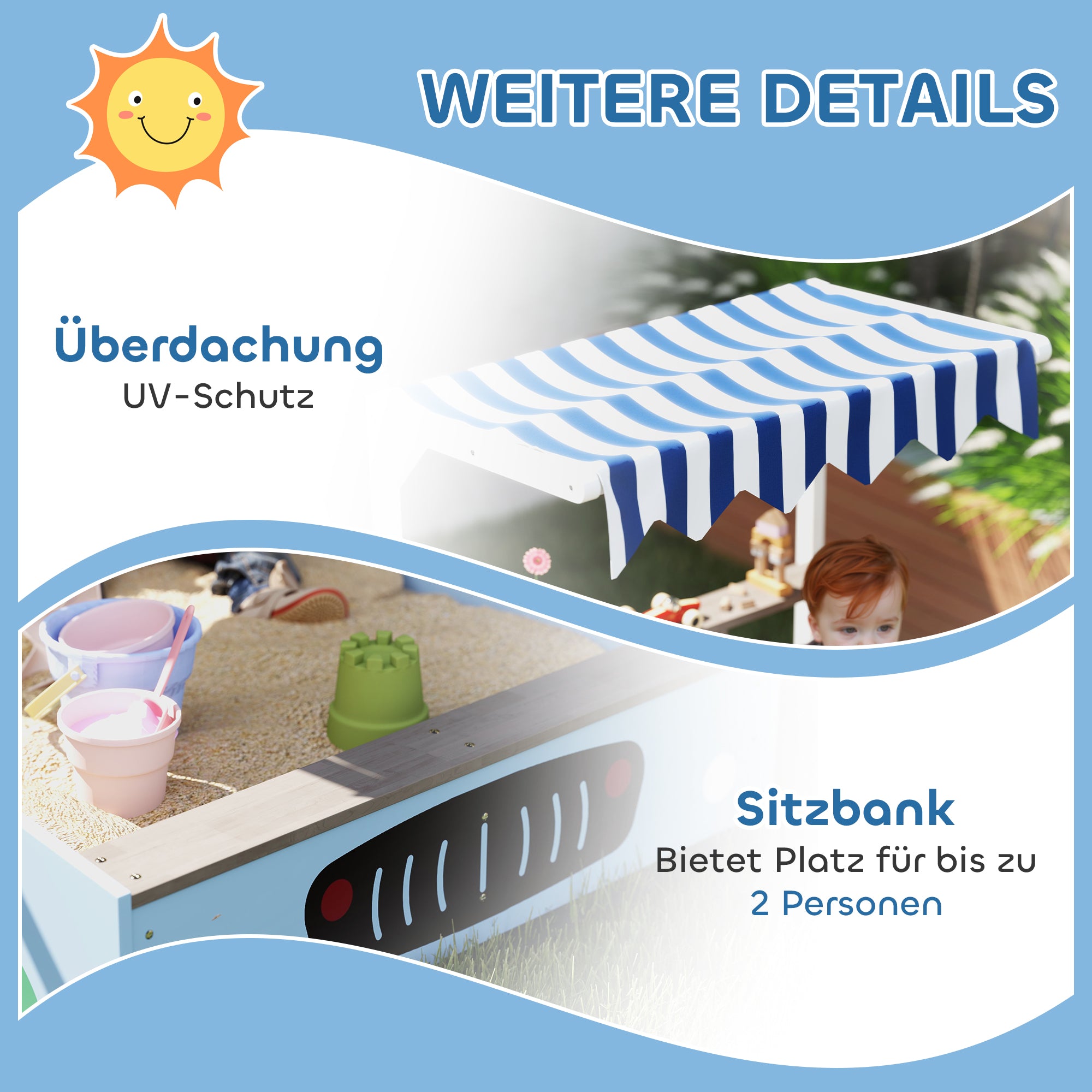 AIYAPLAY Sandkasten mit Vordach, Einkaufsladen-Design, Sitzbank, Zeichentafel, Tannenholz, 104H x 108L x 90B cm, Blau