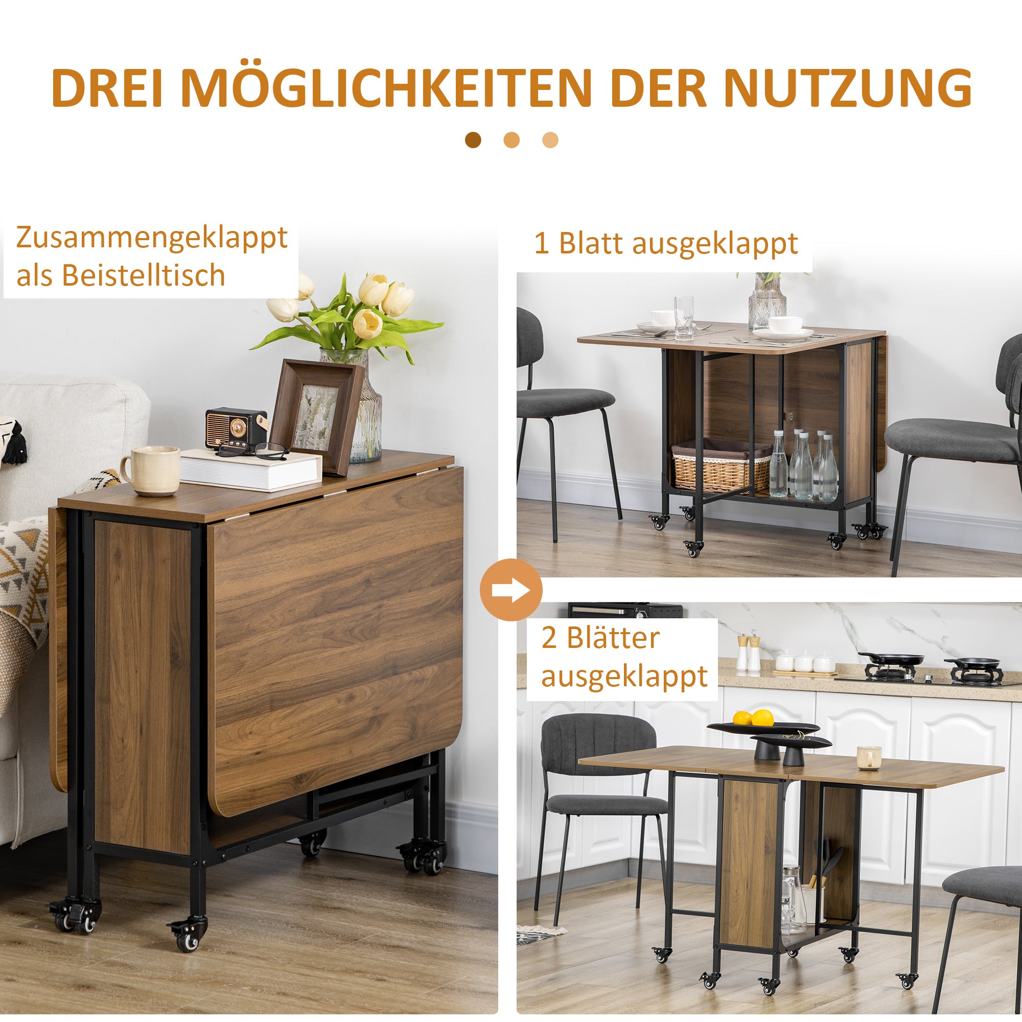 HOMCOM Mobiler Klapptisch Klapptisch, 2 klappbare Flächen, 130 cm x 80 cm x 74 cm, Braun