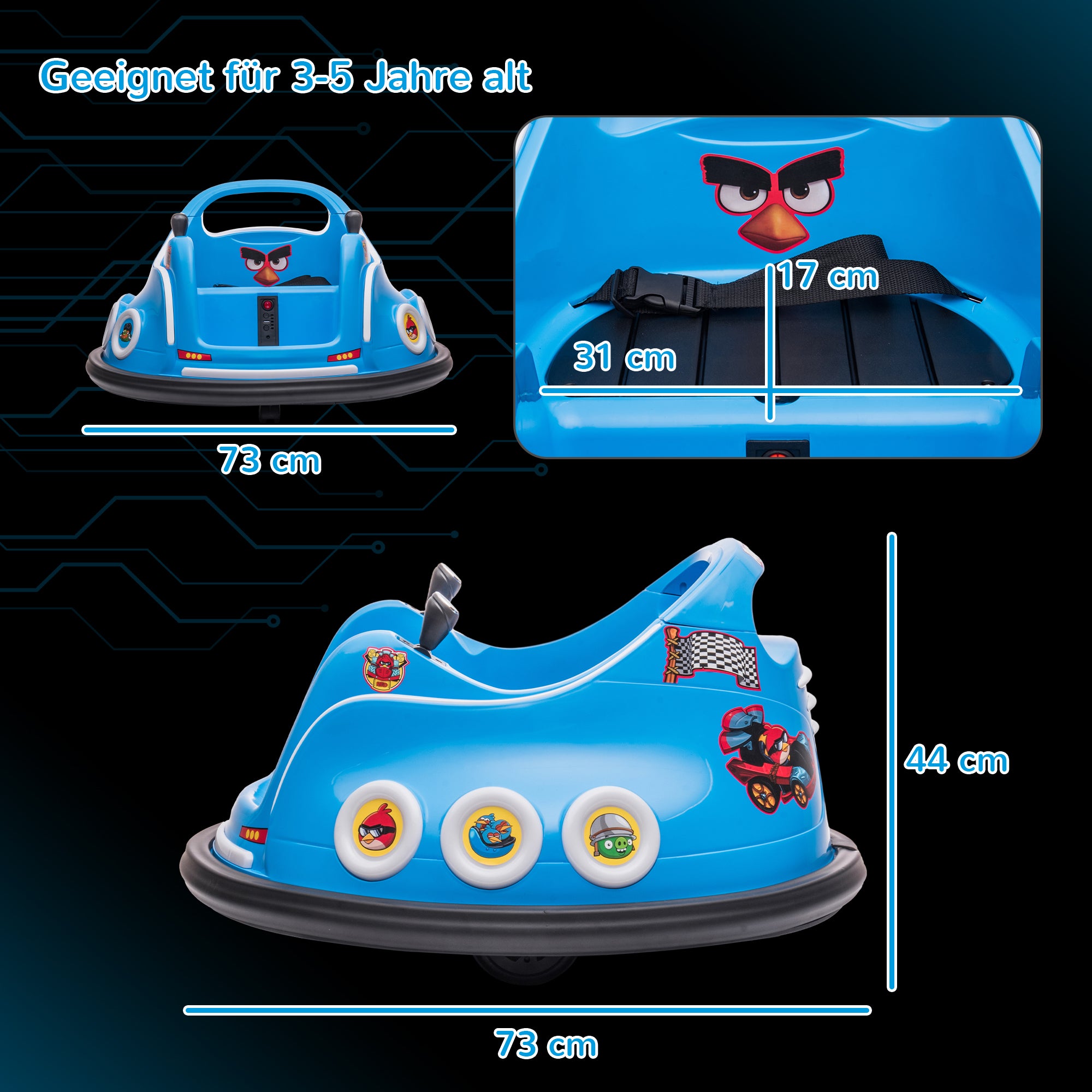 AIYAPLAY Kinder-Autoscooter, 360°-Drehung, für 3-5 Jahre, mit Fernbedienung, Musik, Blau