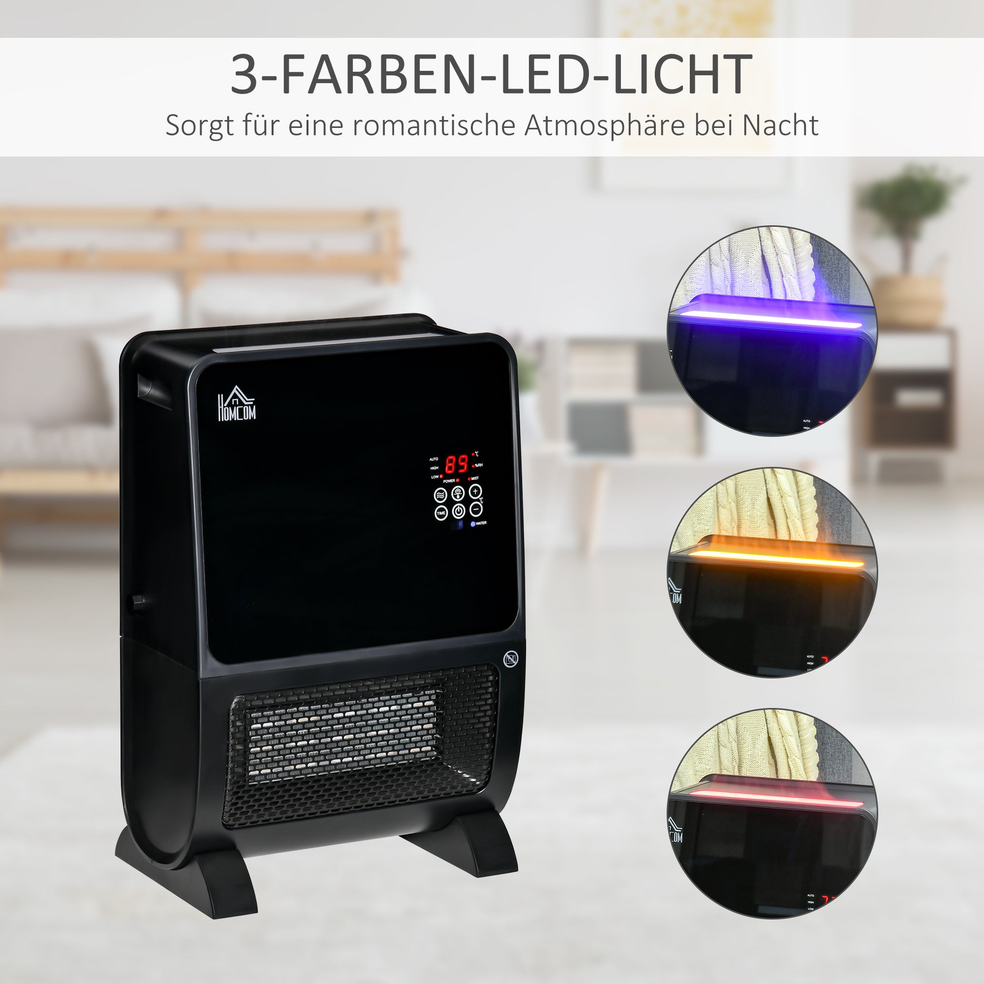 HOMCOM 2-in-1 Heizlüfter, Heizgerät, LED-Licht, 8 Stunden-Timer, 33 cm x 21 cm x 49,5 cm, Schwarz