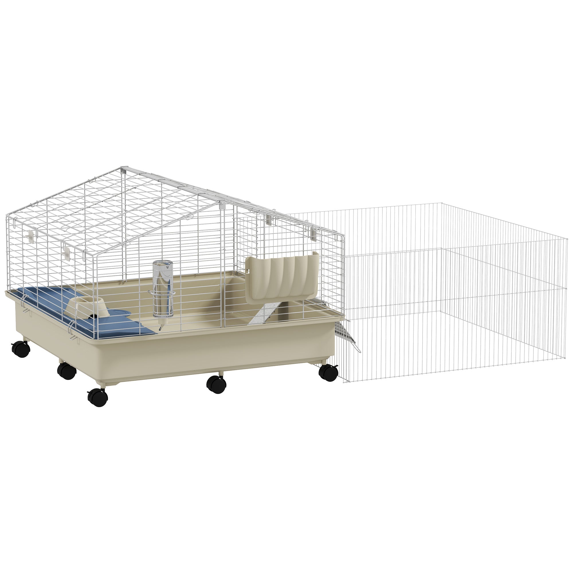 PawHut Kleintierkäfig, Balkon, Rampe, Futtertrog, Wasserflasche, 2-Ebenen-Design, Weiß