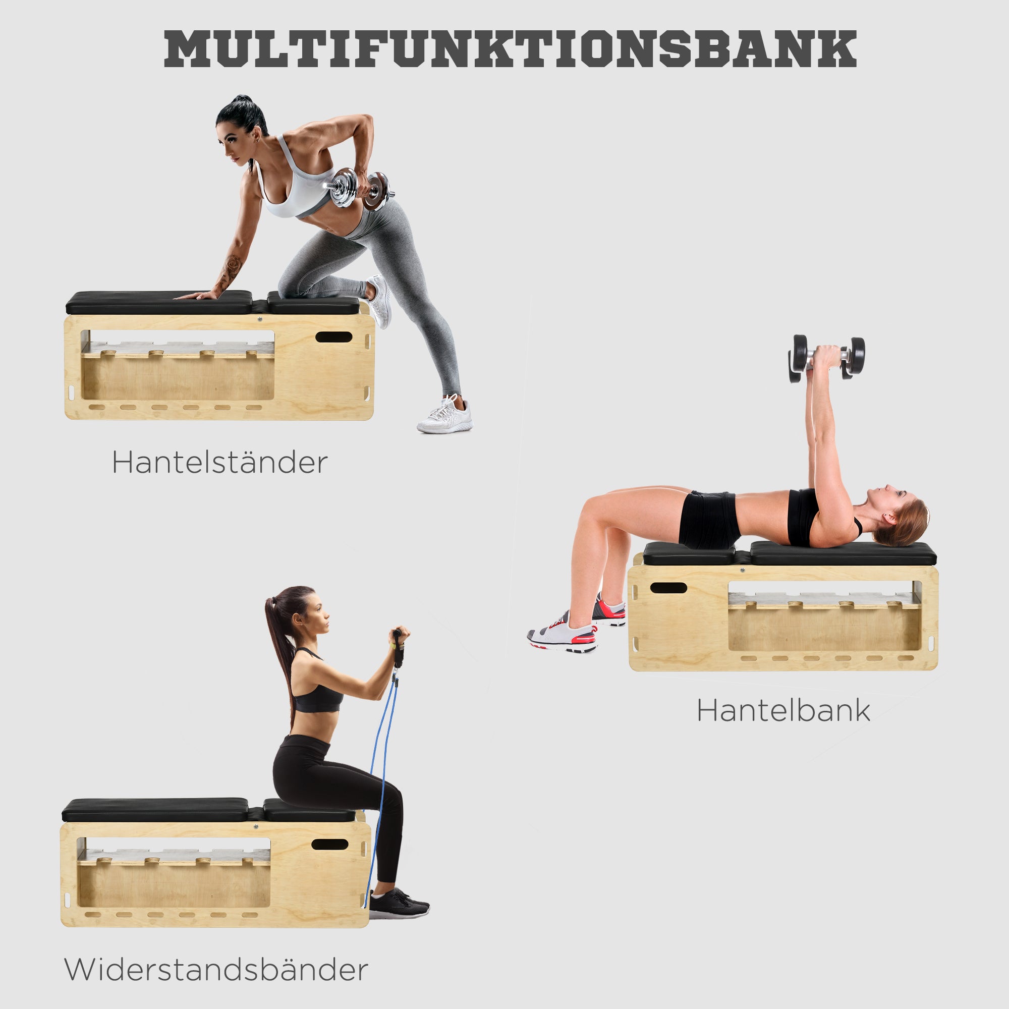 HOMCOM Hantelbank mit Hantelablage, 1 Aufbewahrungskorb, in 6 Positionen verstellbar, Massivholz, Natur + Schwarz