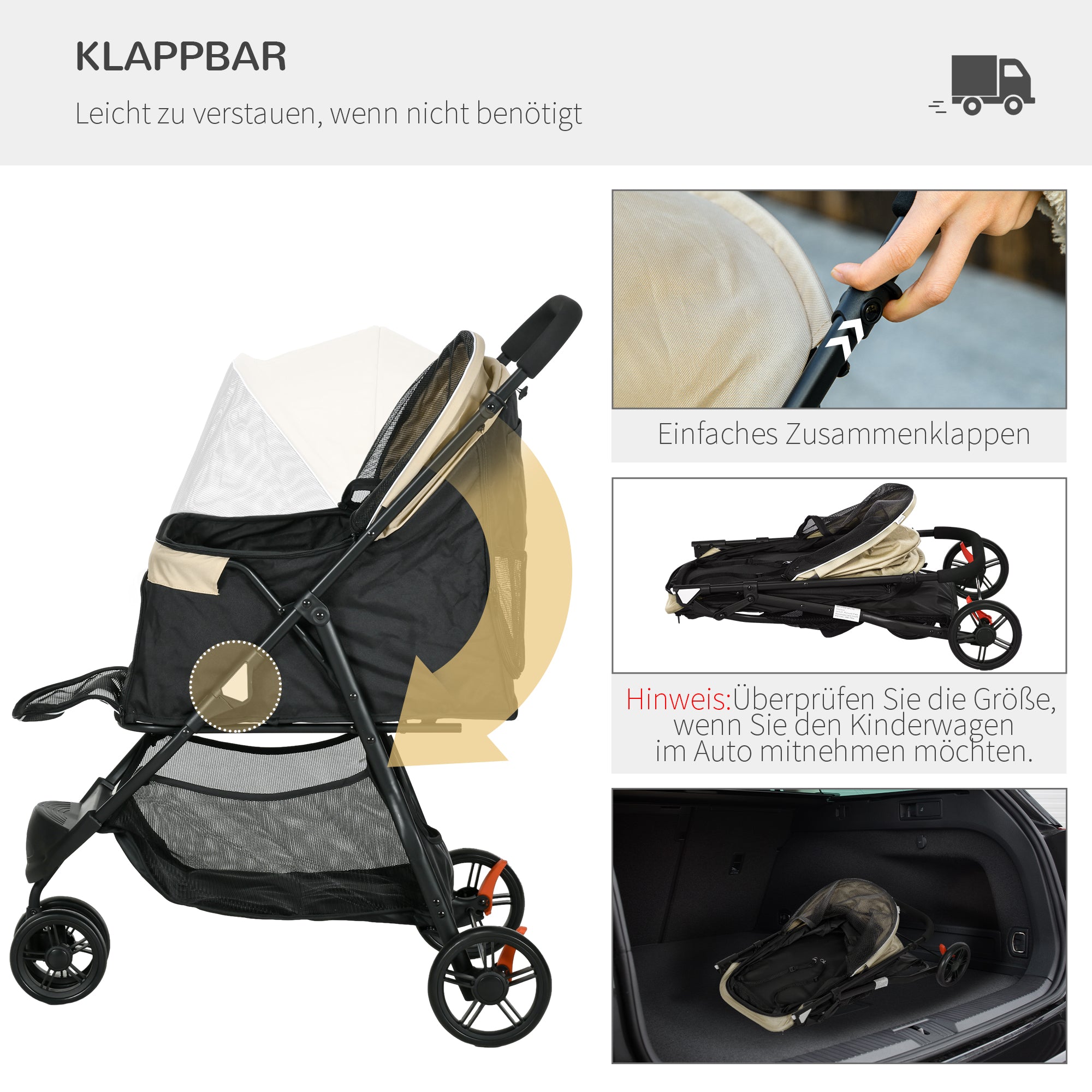 PawHut Haustierbuggy Hundebuggy, klappbar, mit Regenschutz, 2 Getränkehalter, Blau +  Khaki