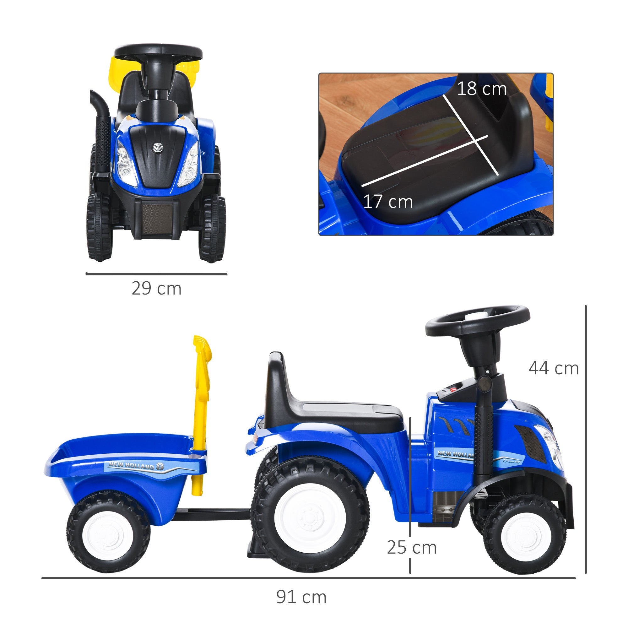 HOMCOM Rutsch-Traktor mit Anhänger, Hupe, Sandspielzeug, ab 1 Jahr, Kunststoff+Metall, blau, 91 x 29 x 44cm