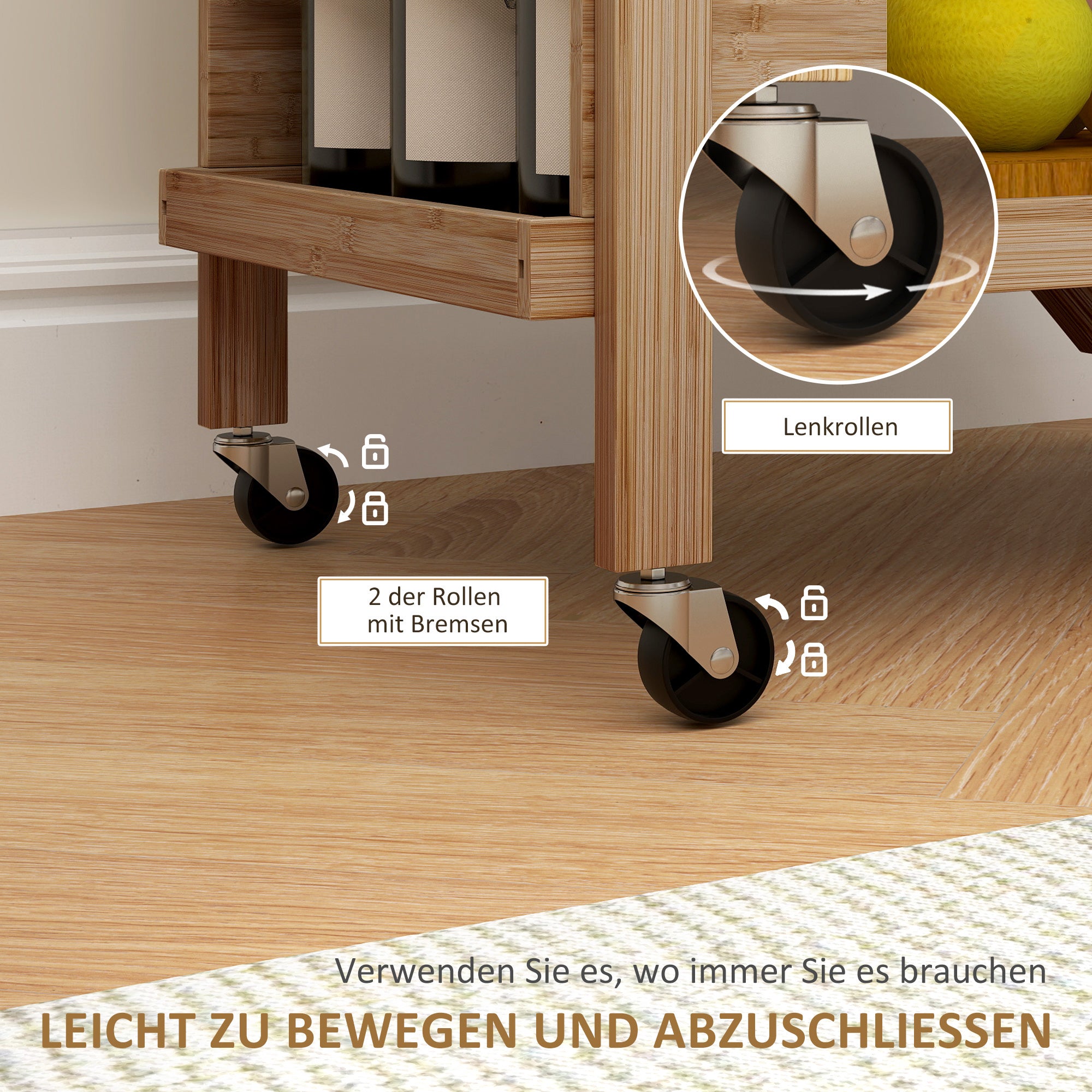 HOMCOM Küchenwagen auf Rädern, Servierwagen mit 3 Weinregalen, 2 Tabletts, für Küche, Esszimmer, Bambusholz, Hellbraun