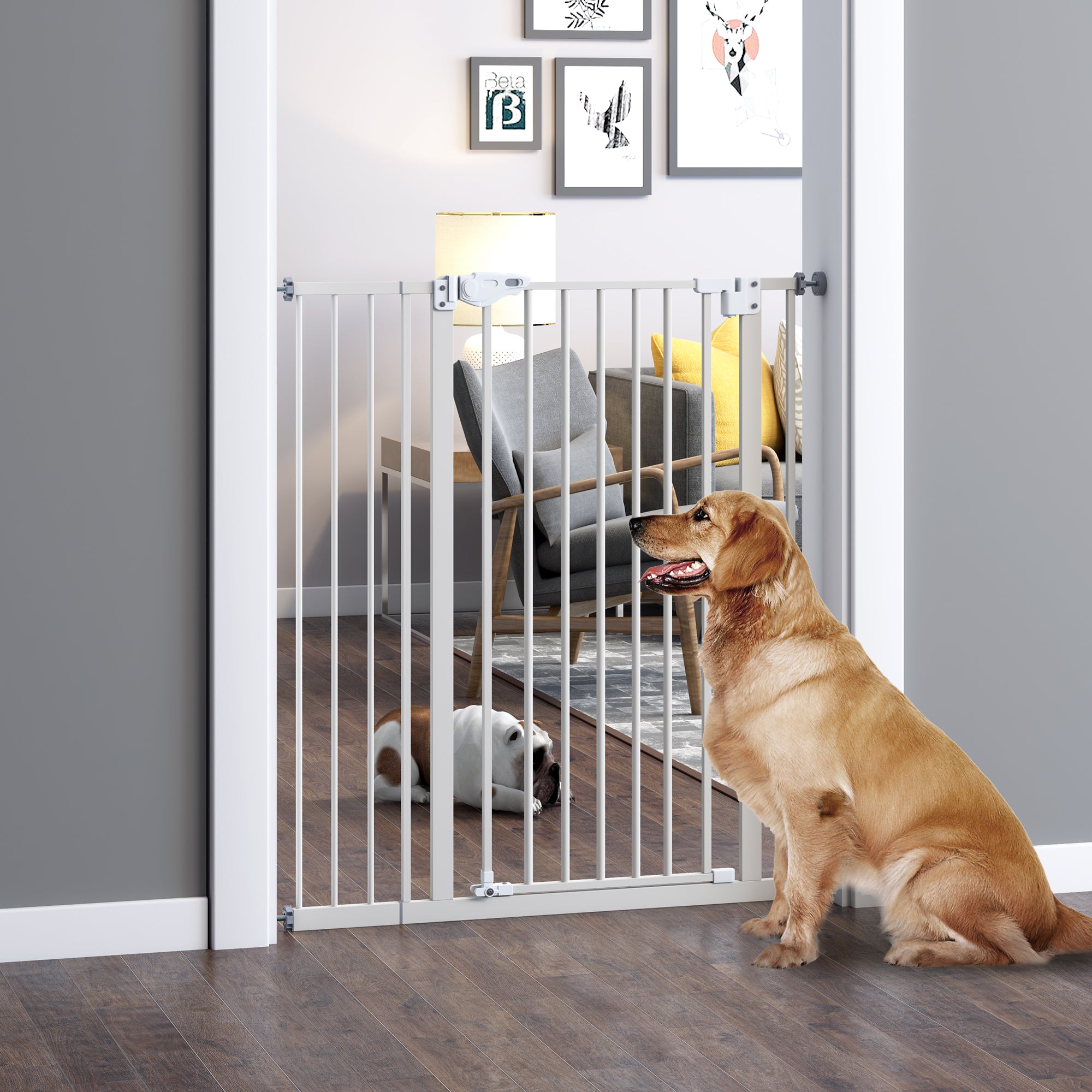 PawHut Absperrgitter für Hunde, extra hoch, Schließautomatik, Metallrahmen, 97,5 x 104,1 cm, Weiß
