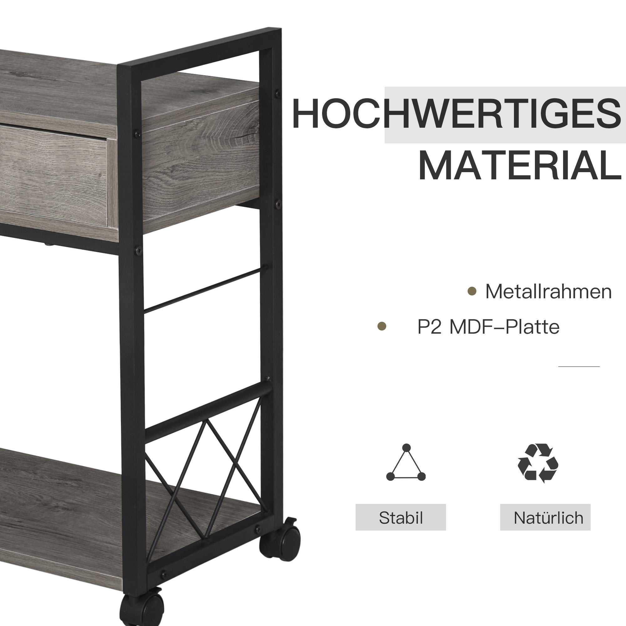 HOMCOM Beistelltisch Servierwagen mit Rädern Küchenwagen Kaffeetisch mit Schublade Ablage Sideboard beweglich Grau Spanplatte 60 x 30 x 65 cm