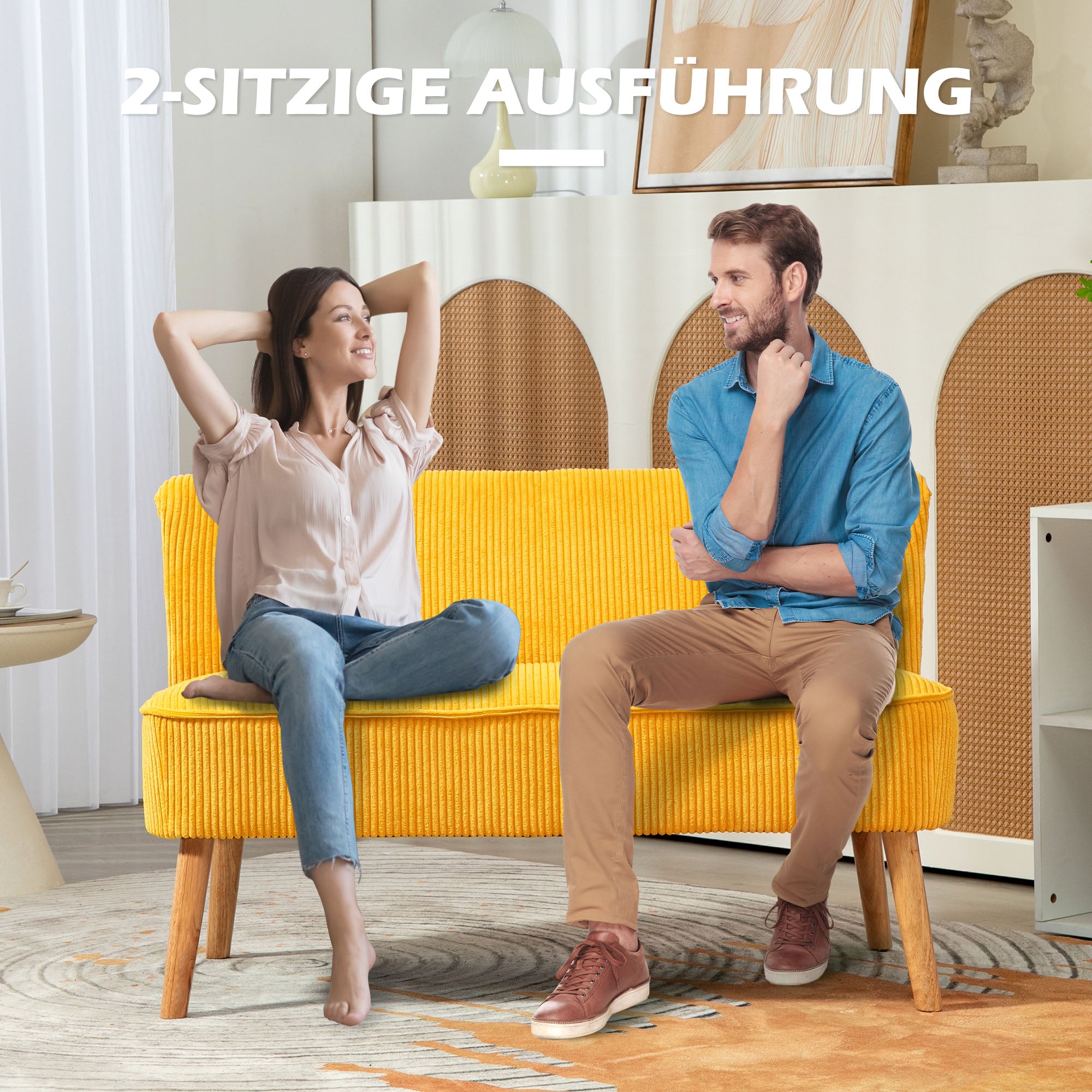HOMCOM Zweisitzer-Sofa, elegantes Skandi Design, massiver Holzrahmen, bis 150 kg, 117 x 56,5 x 77 cm, Gelb