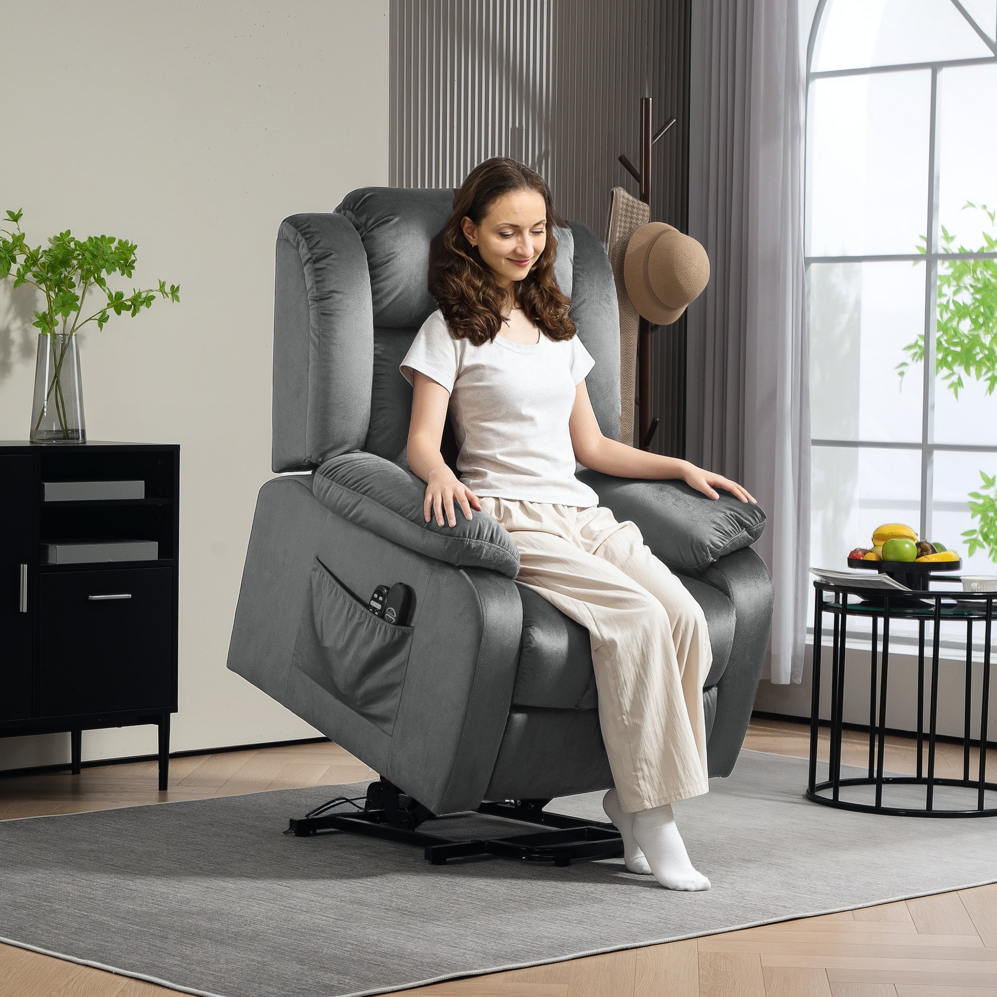HOMCOM Aufstehsessel mit Massagefunktion und Lendenheizung, Recliner-Sessel mit Fernbedienungen und Seitentaschen, Grau