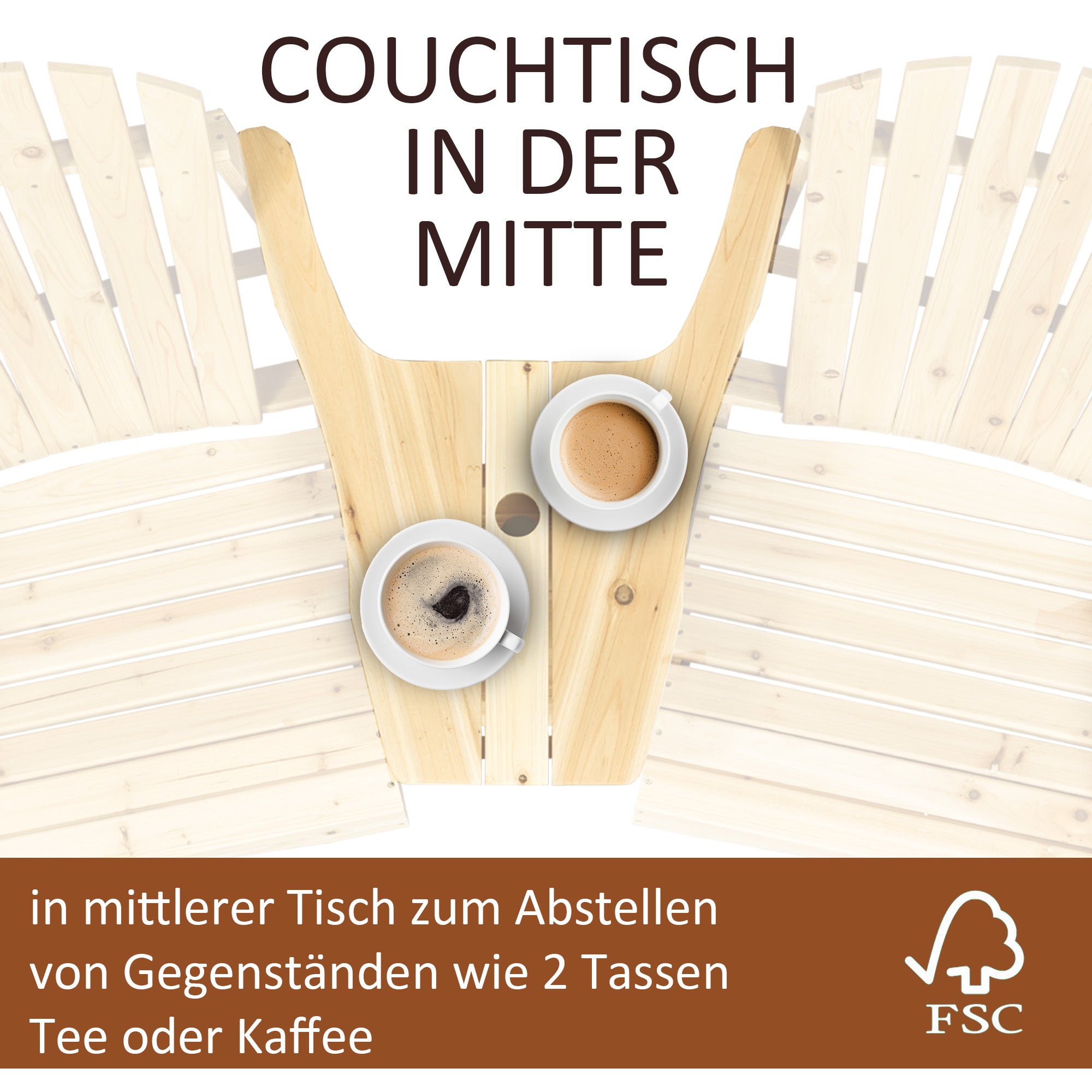 Outsunny Adirondack Gartenstuhl mit Tisch und Schirmloch 2 Sitzer Gartensessel Sitzgruppe Gartenmöbel für Balkon Massivholz Natur 178 x 87 x 92 cm
